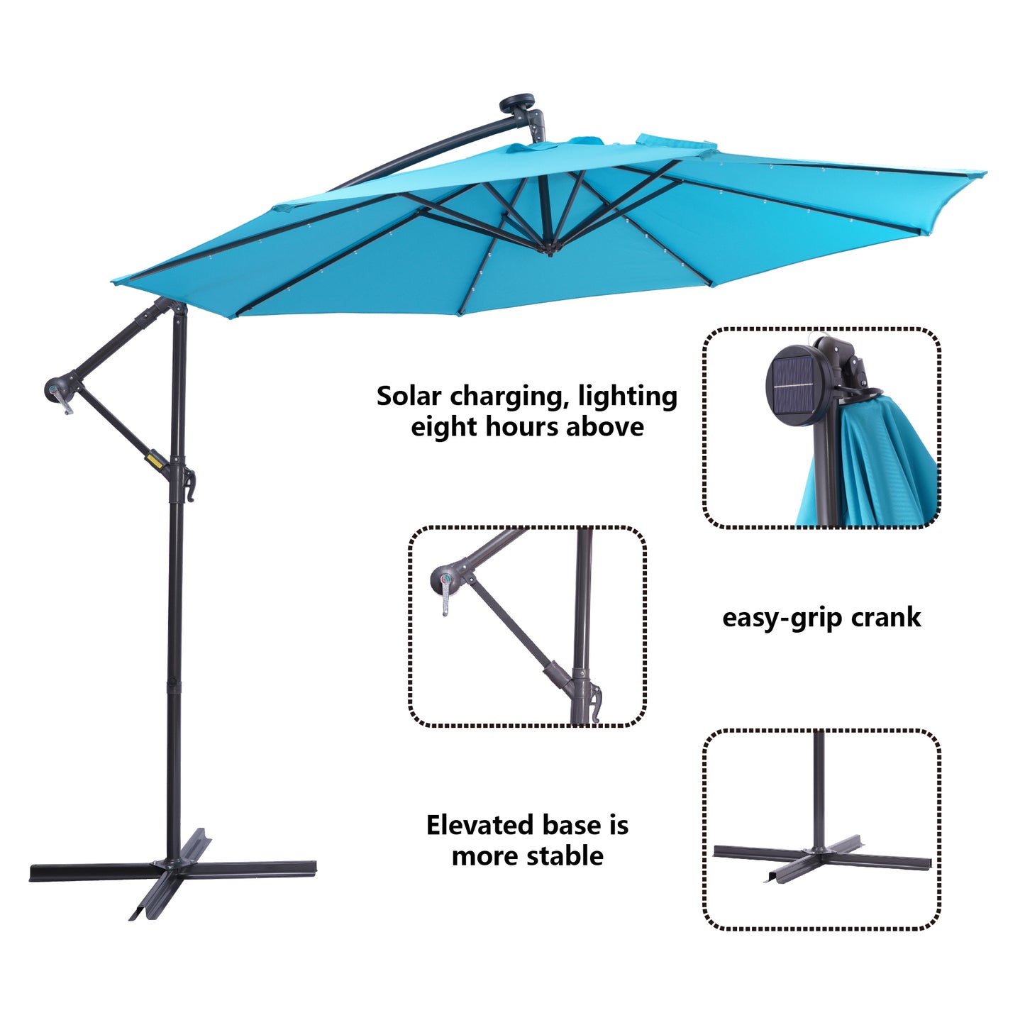 10 FT Solar LED Patio Outdoor Umbrella with 32 LED Lights - Easy Open Adjustment, Hanging Cantilever Offset Design - Ideal for Outdoor Spaces