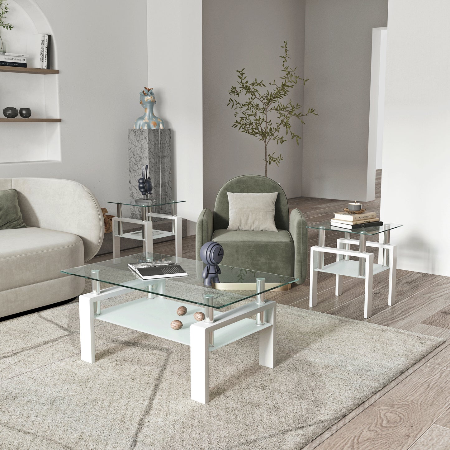 Square Tempered Glass Tea Table Coffee Table End Table Set, Modern and Transparent/White Design for Living Room