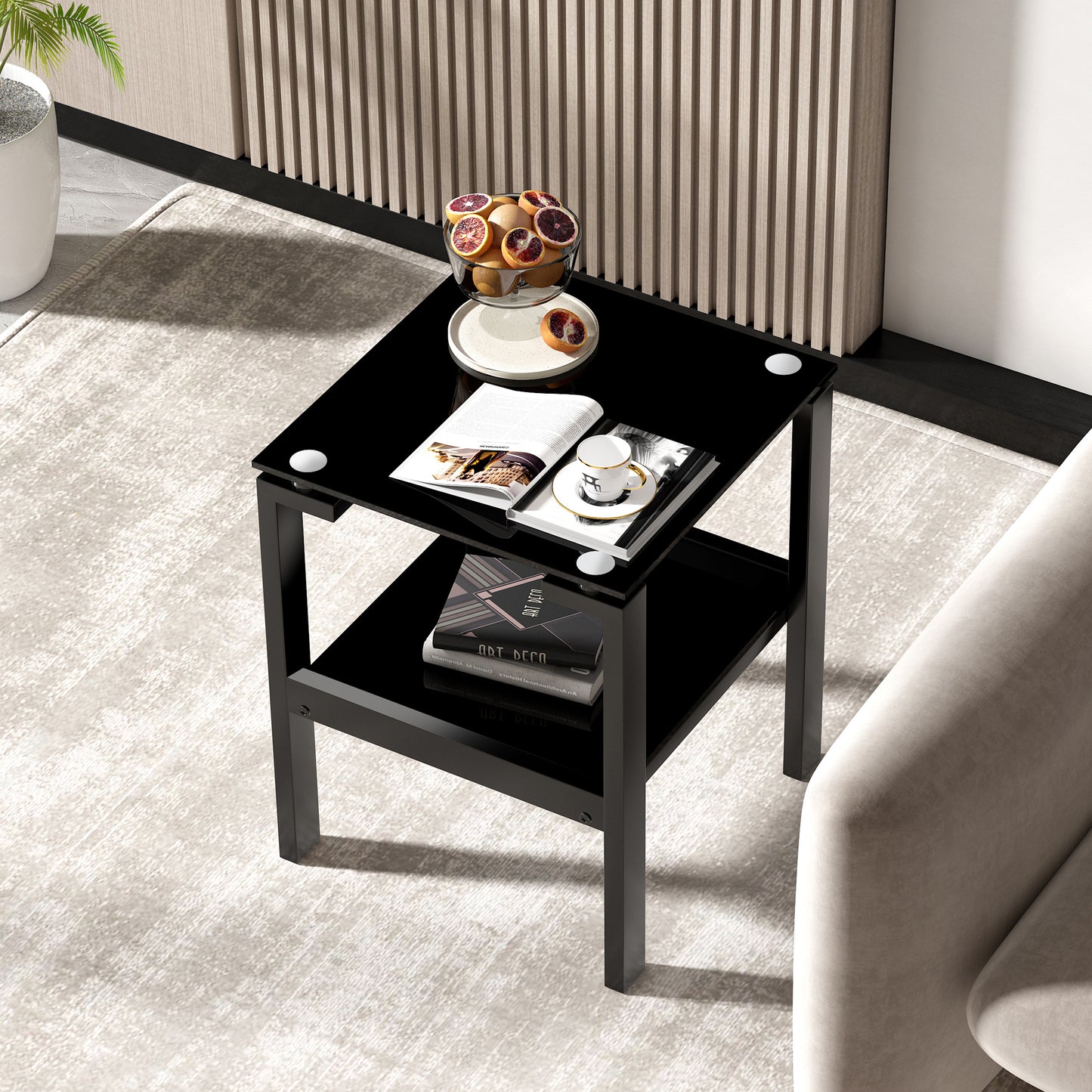 2-Piece Modern Night Stand & Sofa Table: Black Glass Clear Side & End Table with Sleek Design - Perfect for Any Room Décor