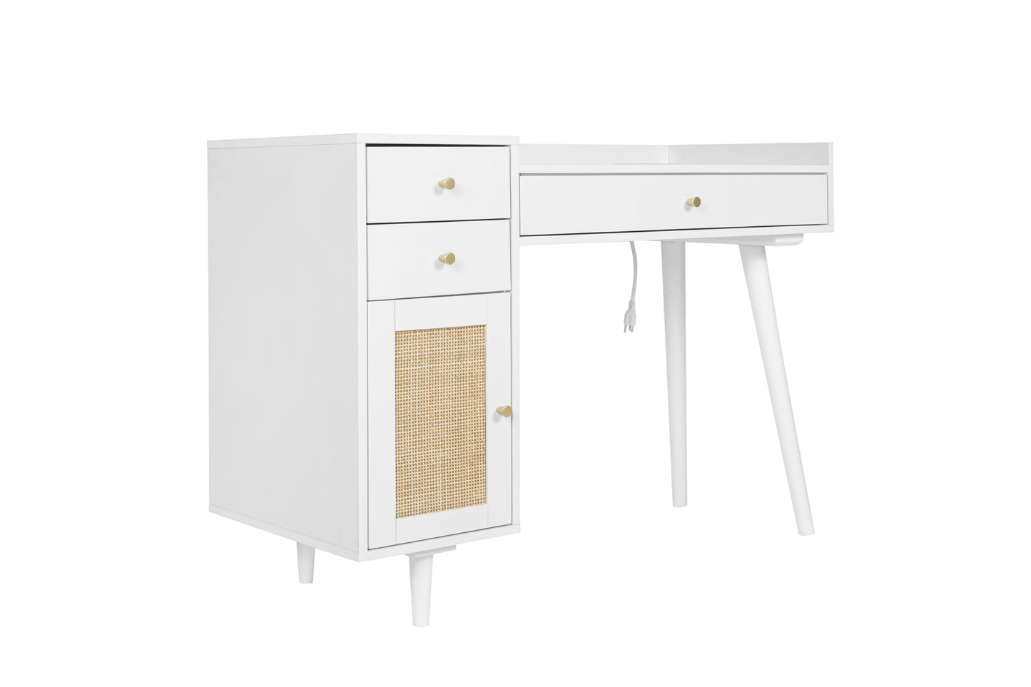 Makeup Vanity with Drawers | Mid-Century White Wood Dressing Table Desk | Rattan Door | Size Options