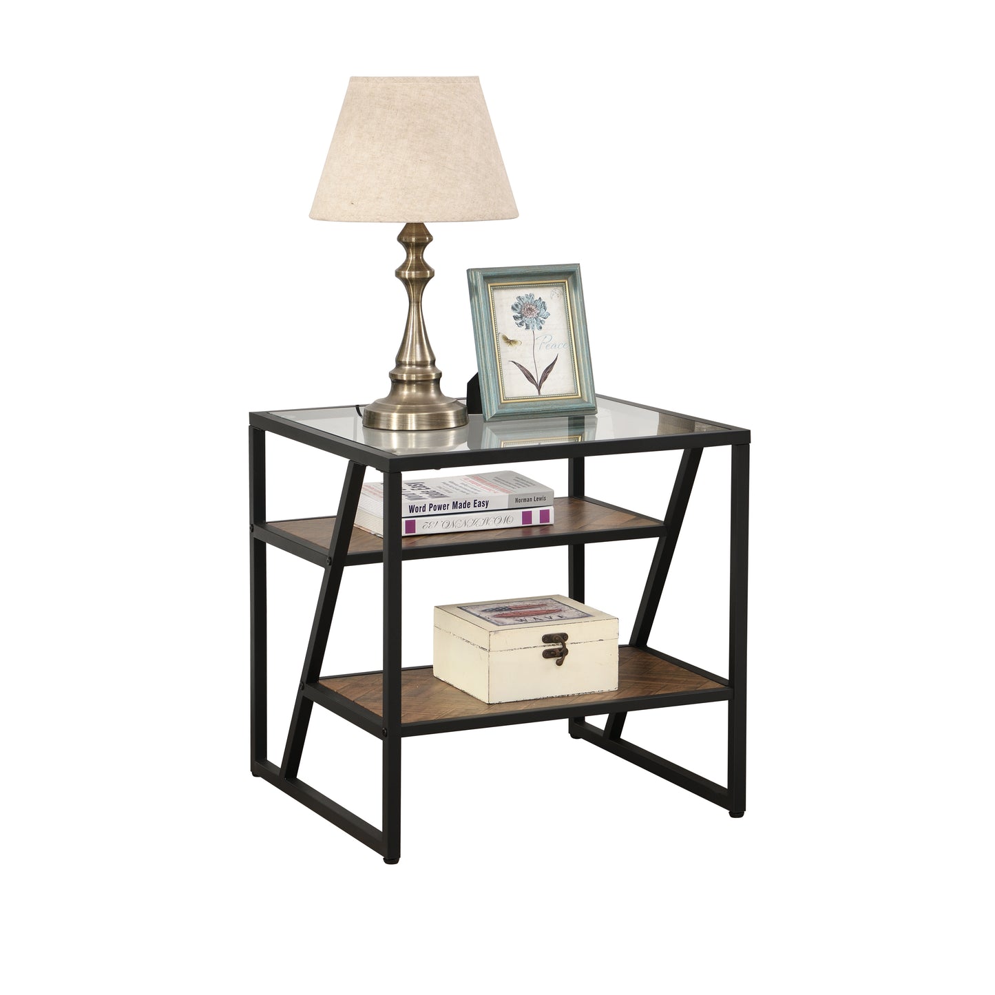 Black Side Table, End Table with Storage Shelf, Tempered Glass Coffee Table with Metal Frame for Living Room & Bedroom, Modern Design Furniture