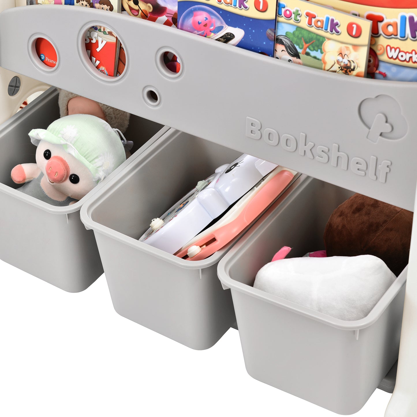 Kids Bookshelf Toy Storage Organizer with 3 Large Bins and 4 Bookshelves - Multi-functional Nursery Furniture Set for Playroom, Bedroom, Living Room - HDPE Shelf and Bins - Space-saving Storage Solution
