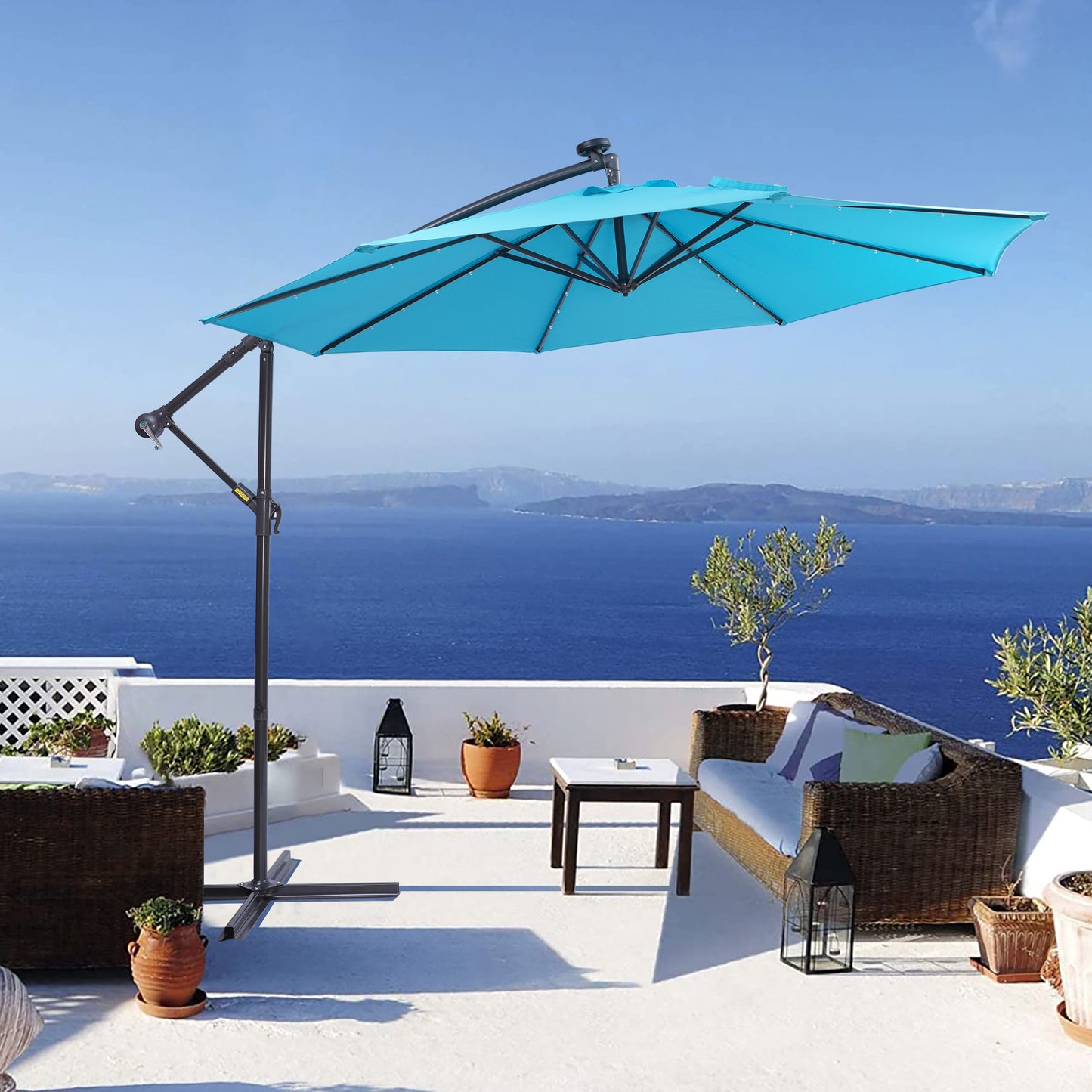 10 FT Solar LED Patio Outdoor Umbrella with 32 LED Lights - Easy Open Adjustment, Hanging Cantilever Offset Design - Ideal for Outdoor Spaces