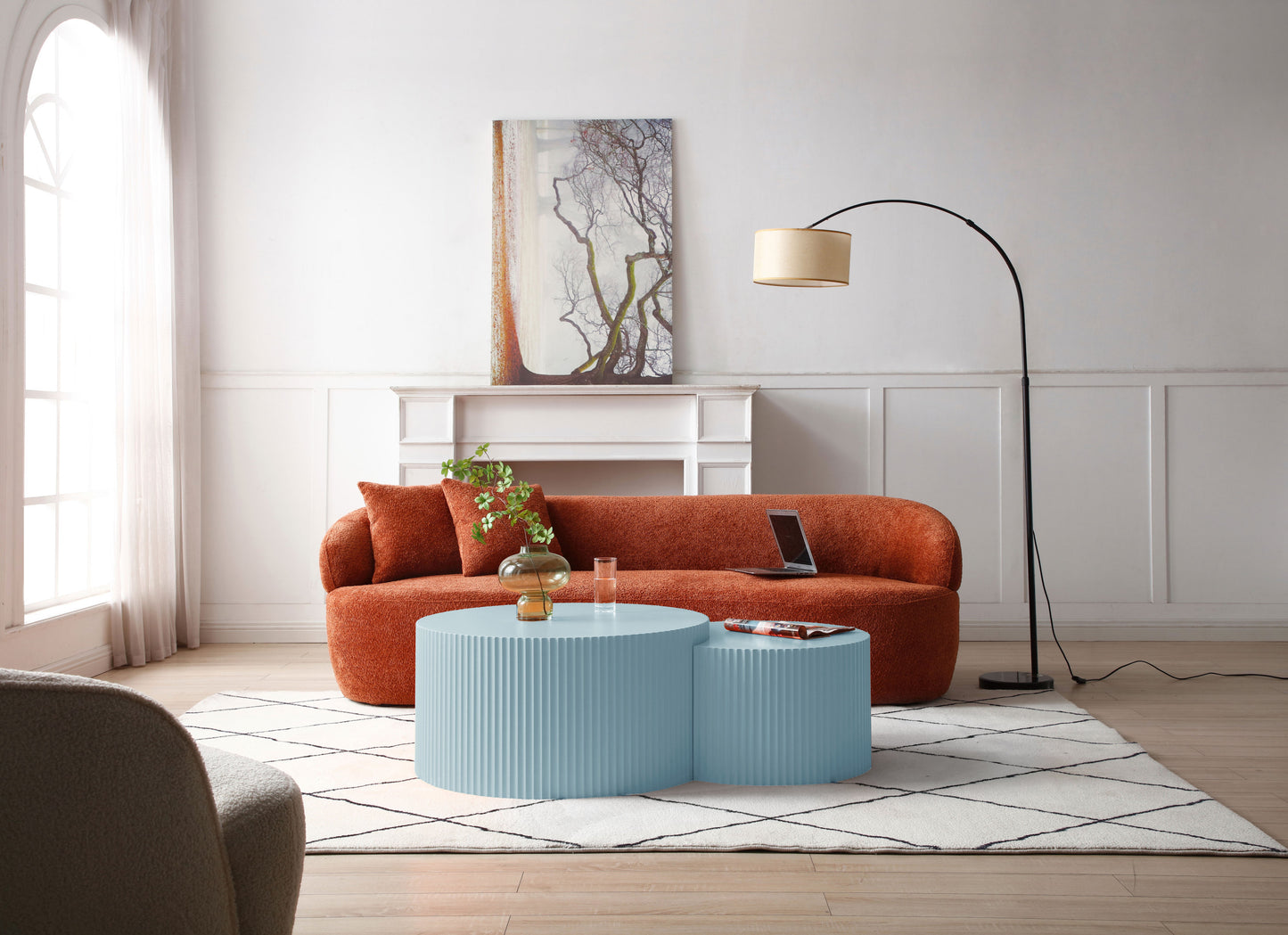 Handcrafted Relief MDF Nesting Table Set of 2, No Assembly Required, Light Blue - Coffee Table Set for Effortless Style