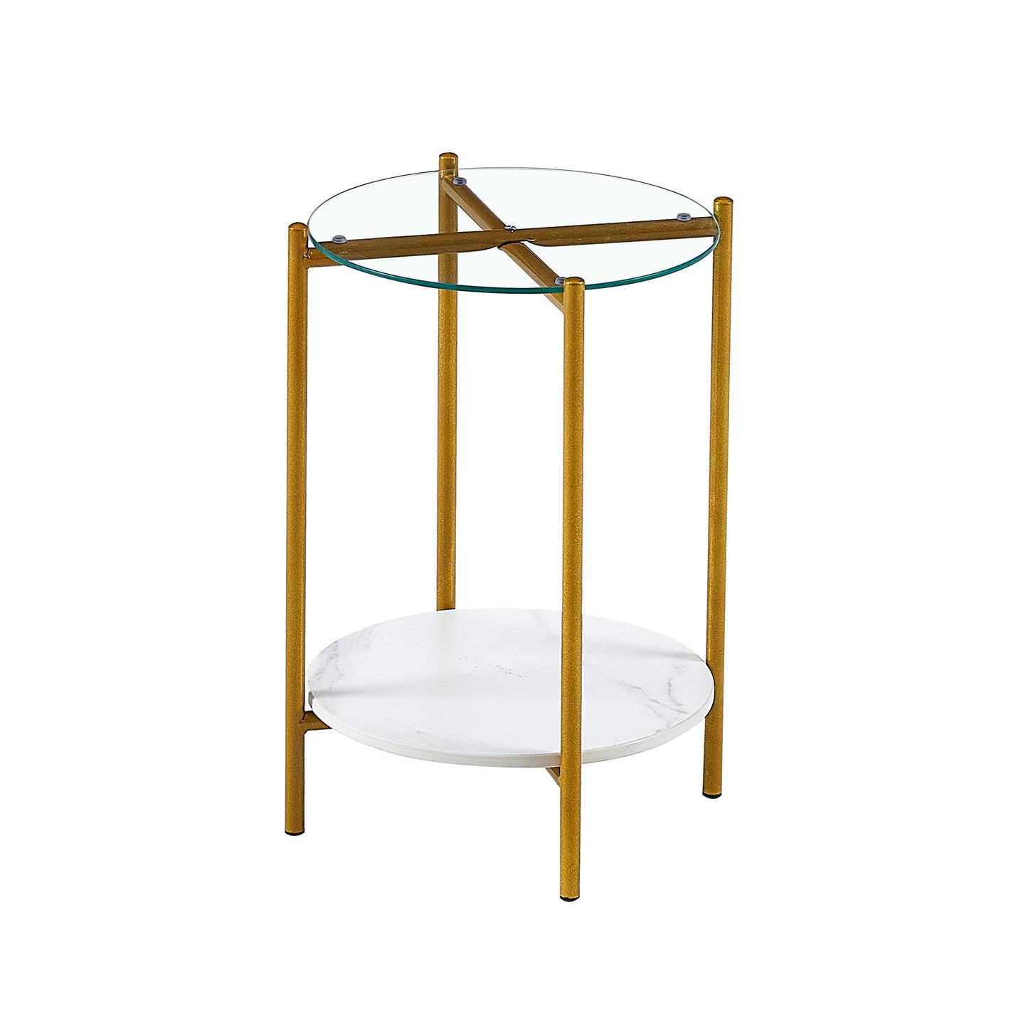 2-Layer End Table with Tempered Glass & Marble Tabletop, Round Coffee Table with Golden Metal Frame - Ideal for Bedroom, Living Room, Office - Sleek Design, Sturdy Construction - 1 Piece (Golden, Medium)