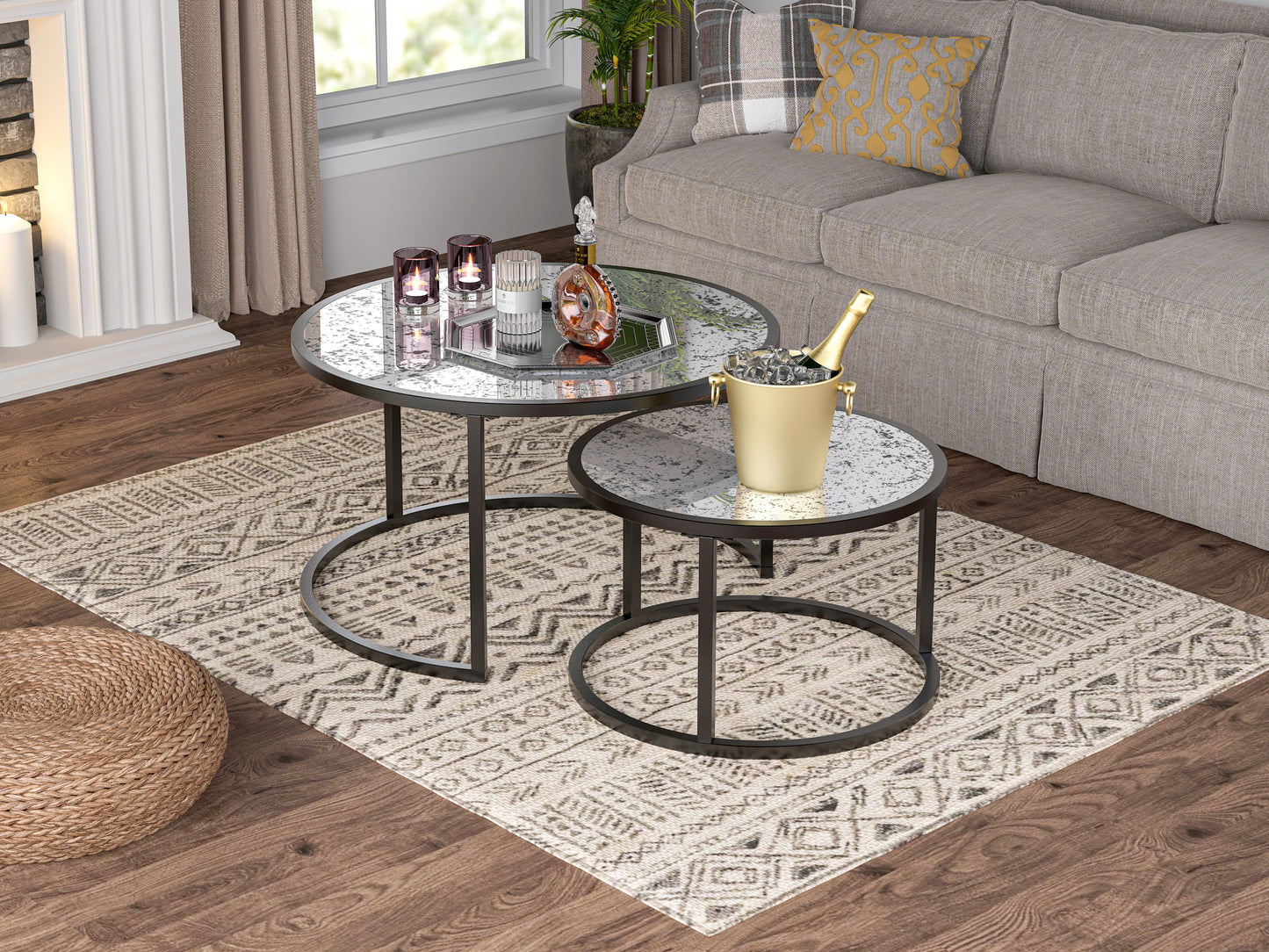 Round Coffee Table Set of 2 Metal Frame & Glass Top End Tables for Living Room Bedroom, Nesting Tables - Stylish & Functional Furniture