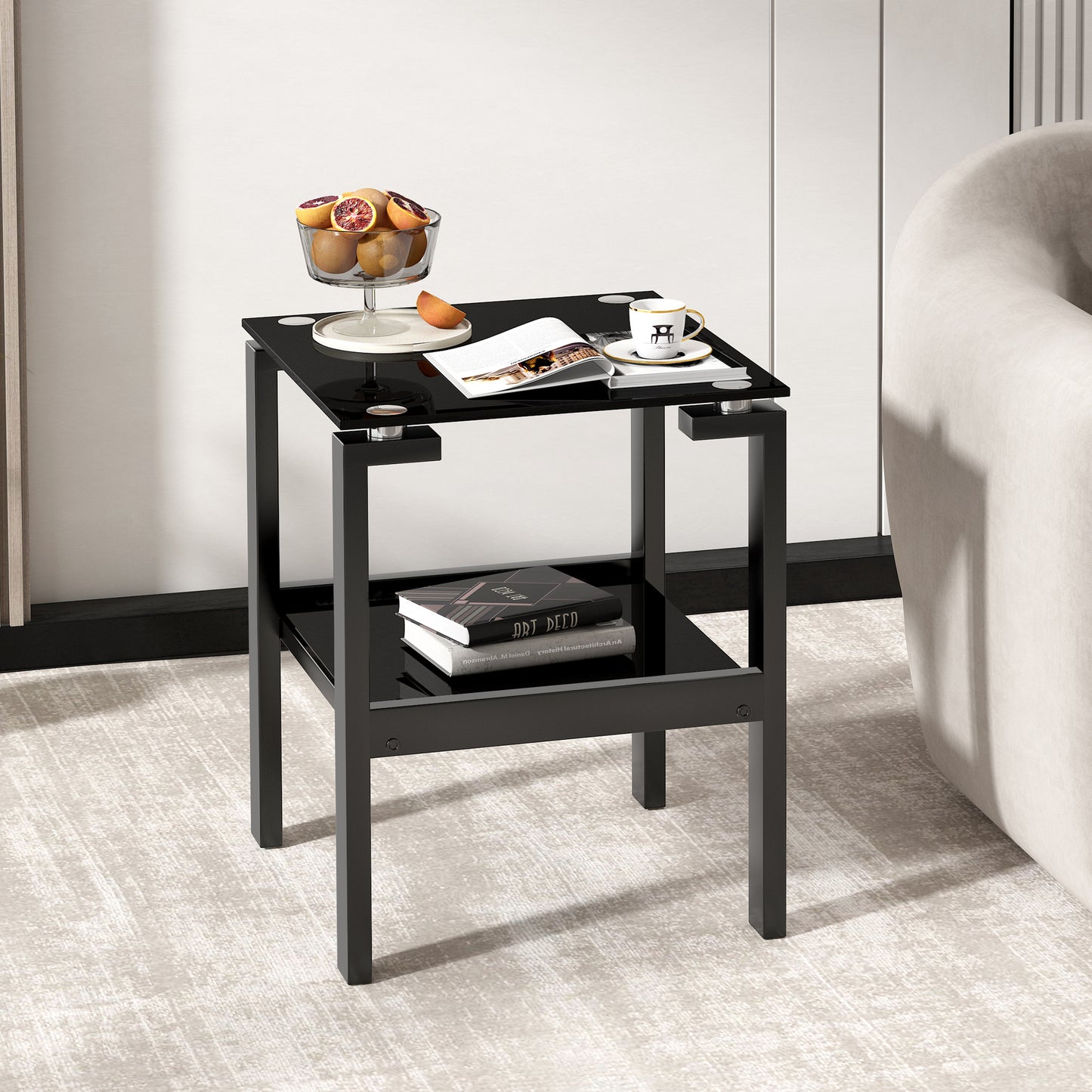 2-Piece Modern Night Stand & Sofa Table: Black Glass Clear Side & End Table with Sleek Design - Perfect for Any Room Décor