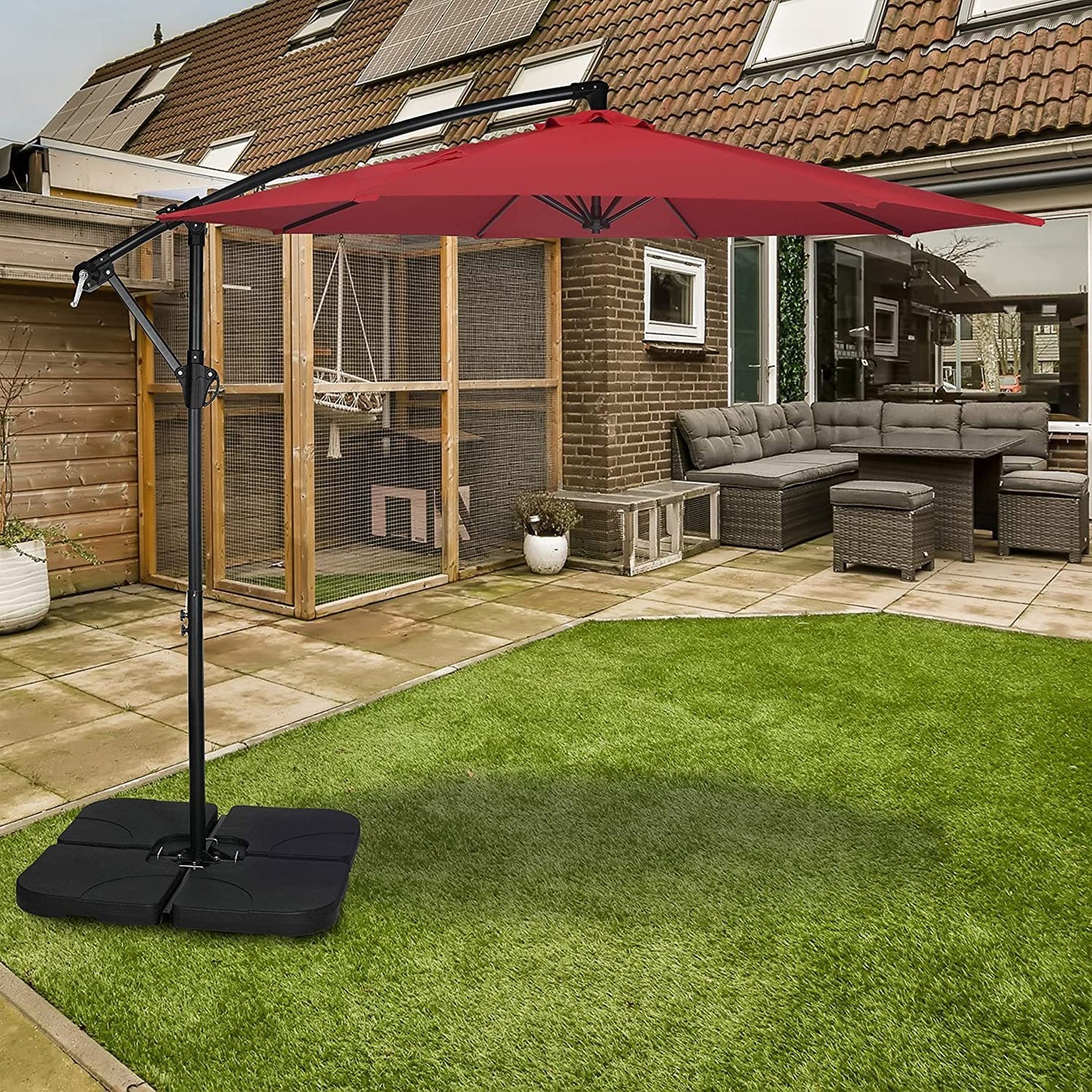 10ft Offset Umbrella Cantilever Patio Hanging Umbrella, Outdoor Market Umbrella with Crank & Cross Base for Garden, Lawn, Backyard, Deck - Red, 10ft Size