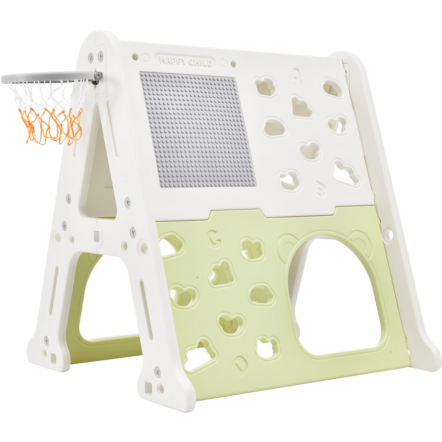 5-in-1 Toddler Climber Basketball Hoop Set - Kids Playground Climber Playset with Tunnel, Climber, Whiteboard, and Toy Building Block Baseplates - Combination for Babies - White