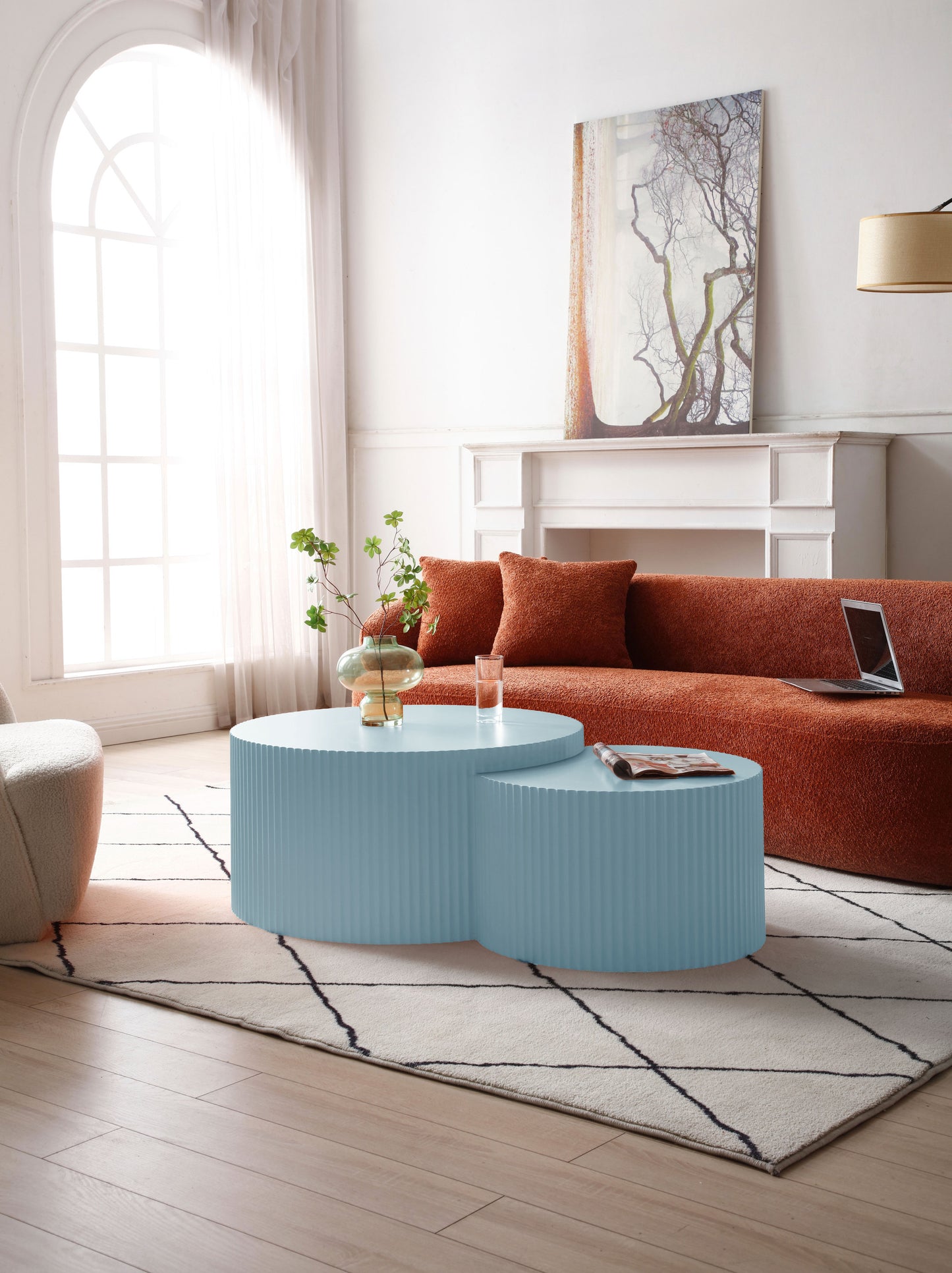 Handcrafted Relief MDF Nesting Table Set of 2, No Assembly Required, Light Blue - Coffee Table Set for Effortless Style