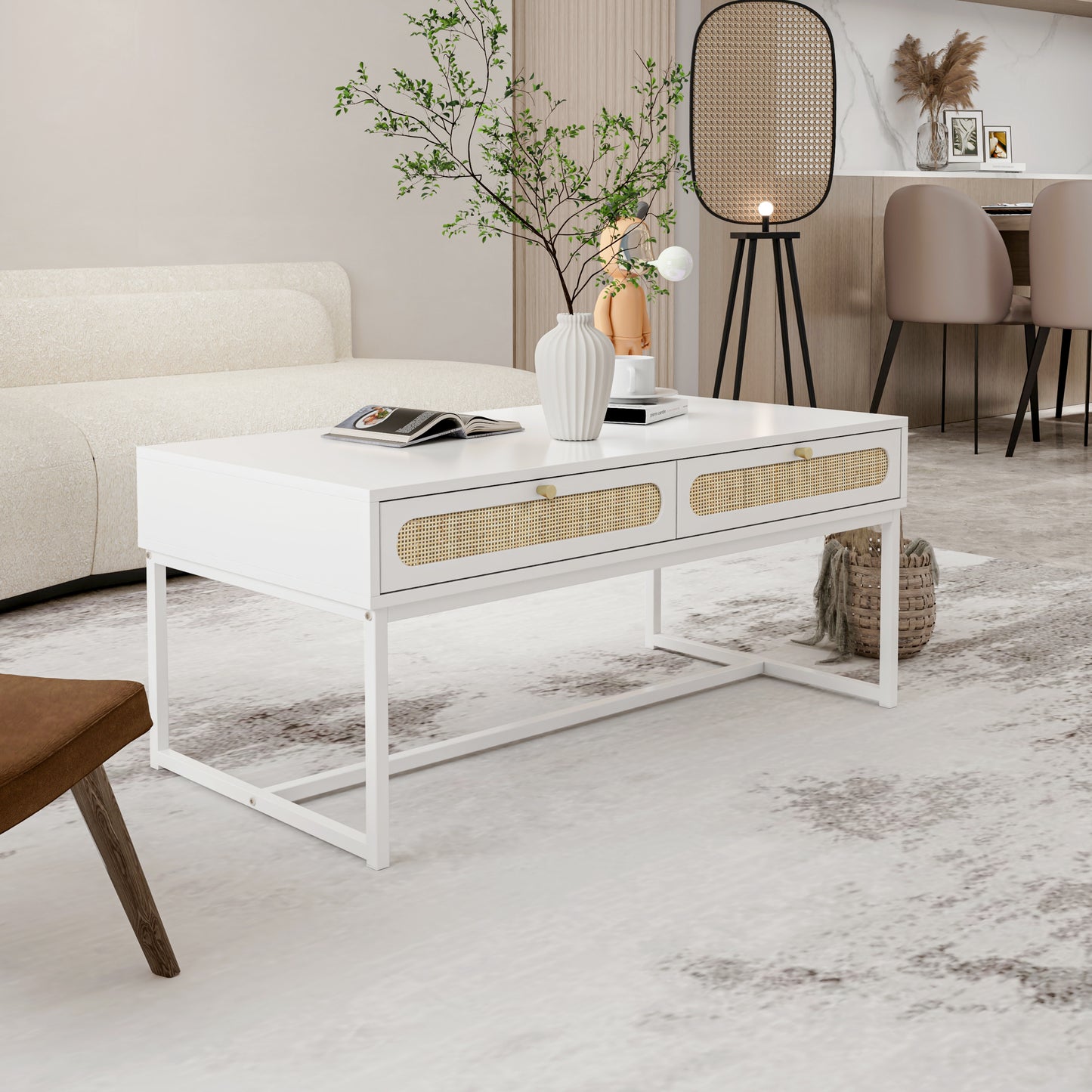 Rattan Drawer Coffee Table - Modern Furniture Decor for Living Room Reception - Easy Assembly, Rectangular - Unique Design, Brown, 2 Drawers