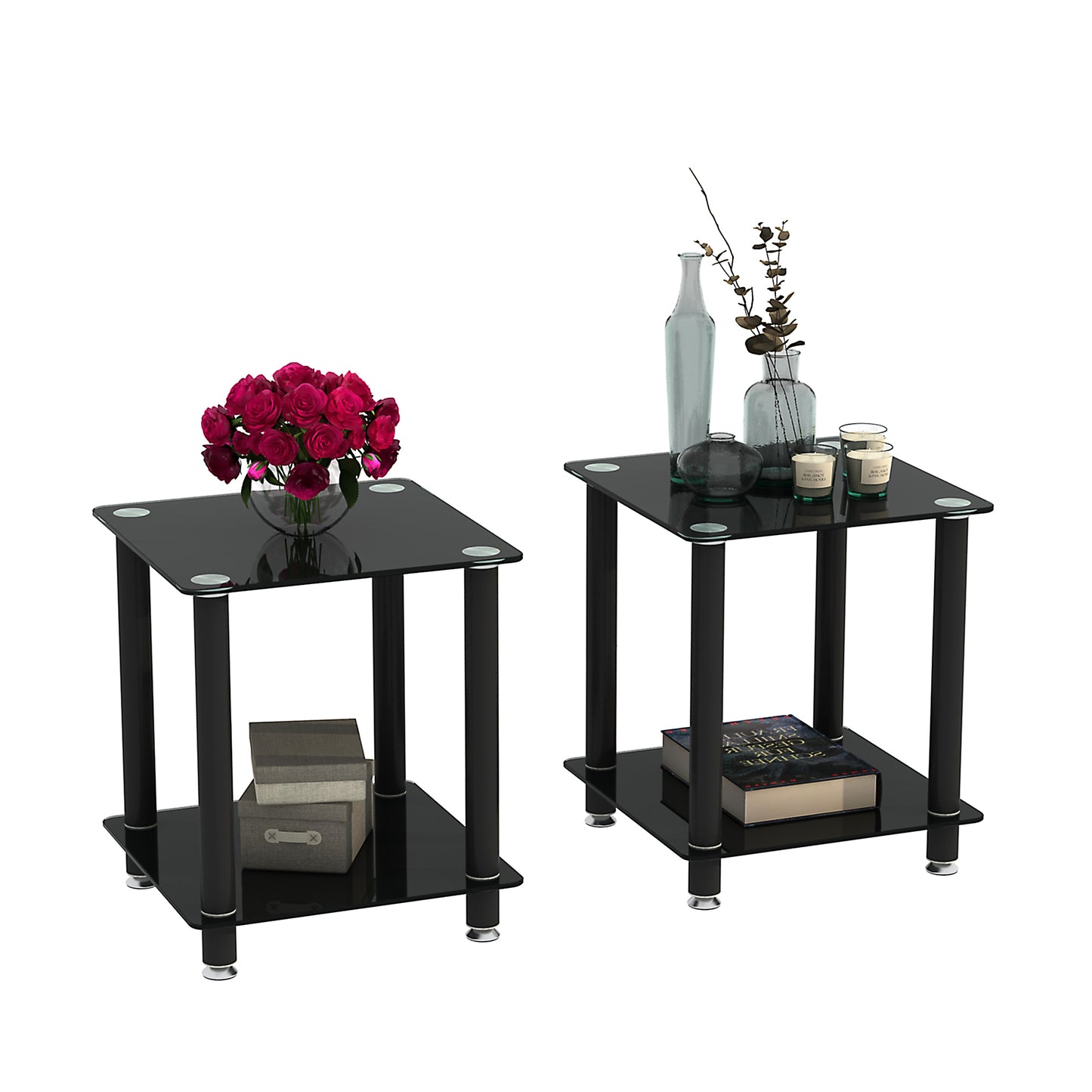 2-Piece Black Side Table: 2-Tier Space End Table, Modern Night Stand with Storage Shelve