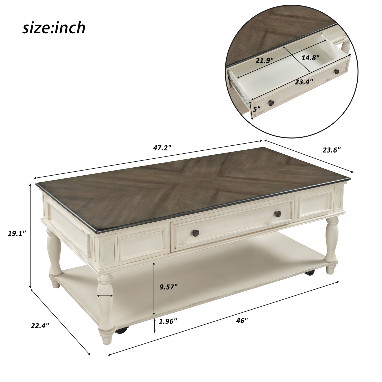 ON-TREND Two-tone Retro Cocktail Table: Easy Assembly, Movable with Caster Wheels for Livingroom (Antique Gray)