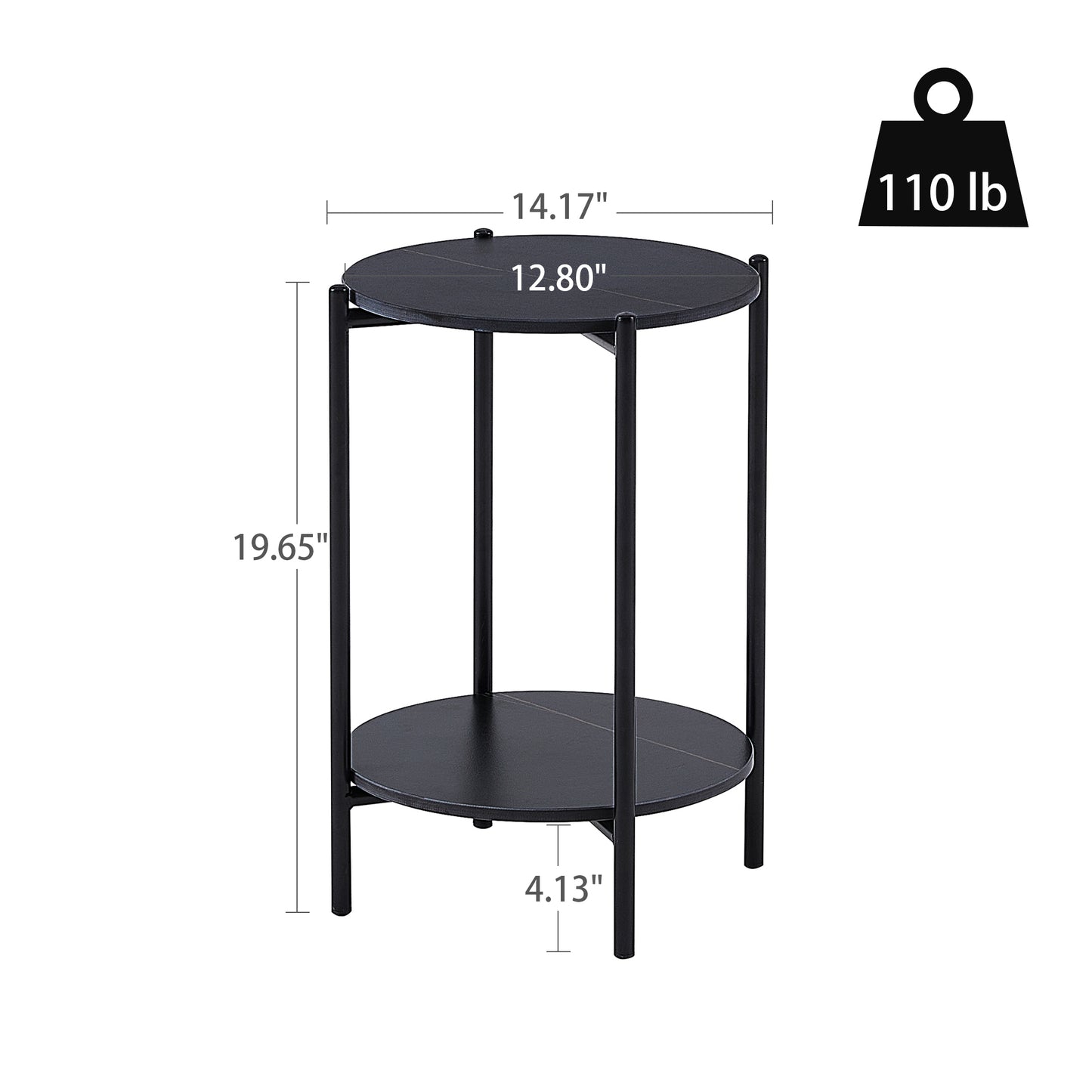 2-Layer End Table with Whole Marble Tabletop, Round Coffee Table for Bedroom Living Room Office. Black Metal Frame. 1 Piece.