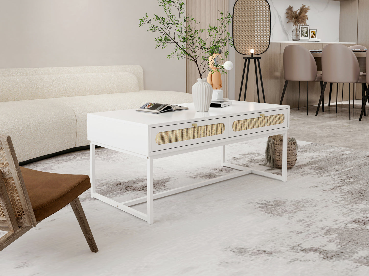 Rattan Drawer Coffee Table - Modern Furniture Decor for Living Room Reception - Easy Assembly, Rectangular - Unique Design, Brown, 2 Drawers