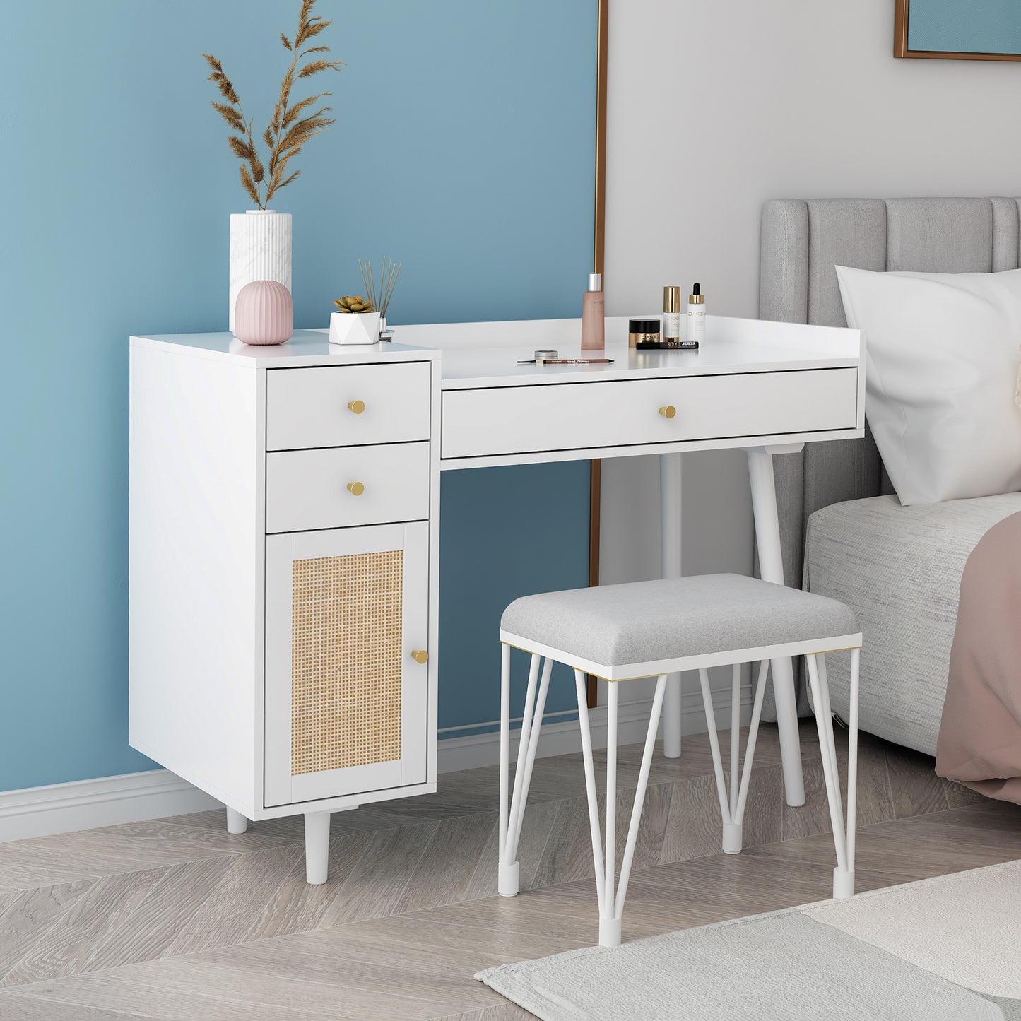 Makeup Vanity with Drawers | Mid-Century White Wood Dressing Table Desk | Rattan Door | Size Options