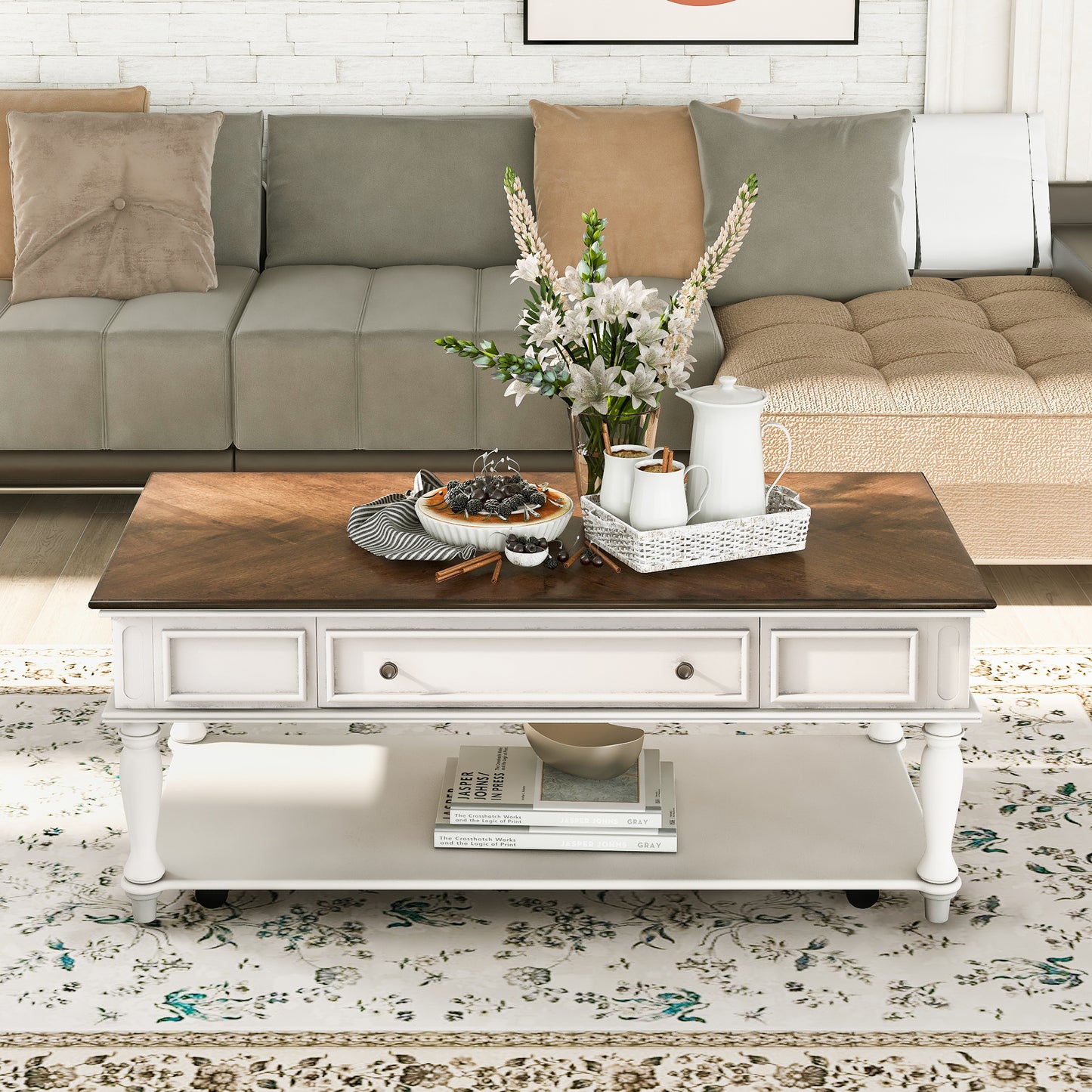 Retro Two-tone Cocktail Table Coffee Table with Caster Wheels | Easy Assembly | Movable | Livingroom Furniture | Antique White Color