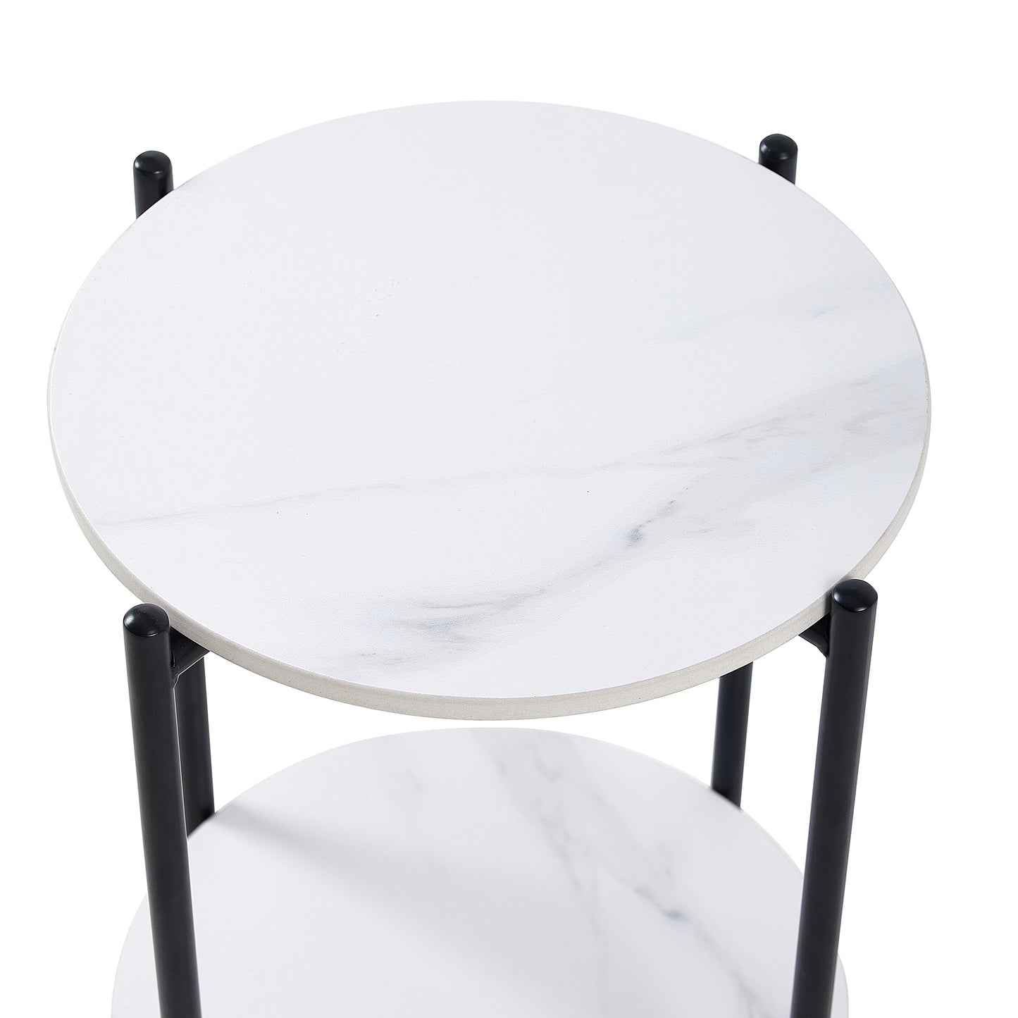2-Layer End Table with Whole Marble Tabletop, Round Coffee Table with Black Metal Frame - White,1 piece: Stylish and Functional Furniture for Bedroom Living Room Office.