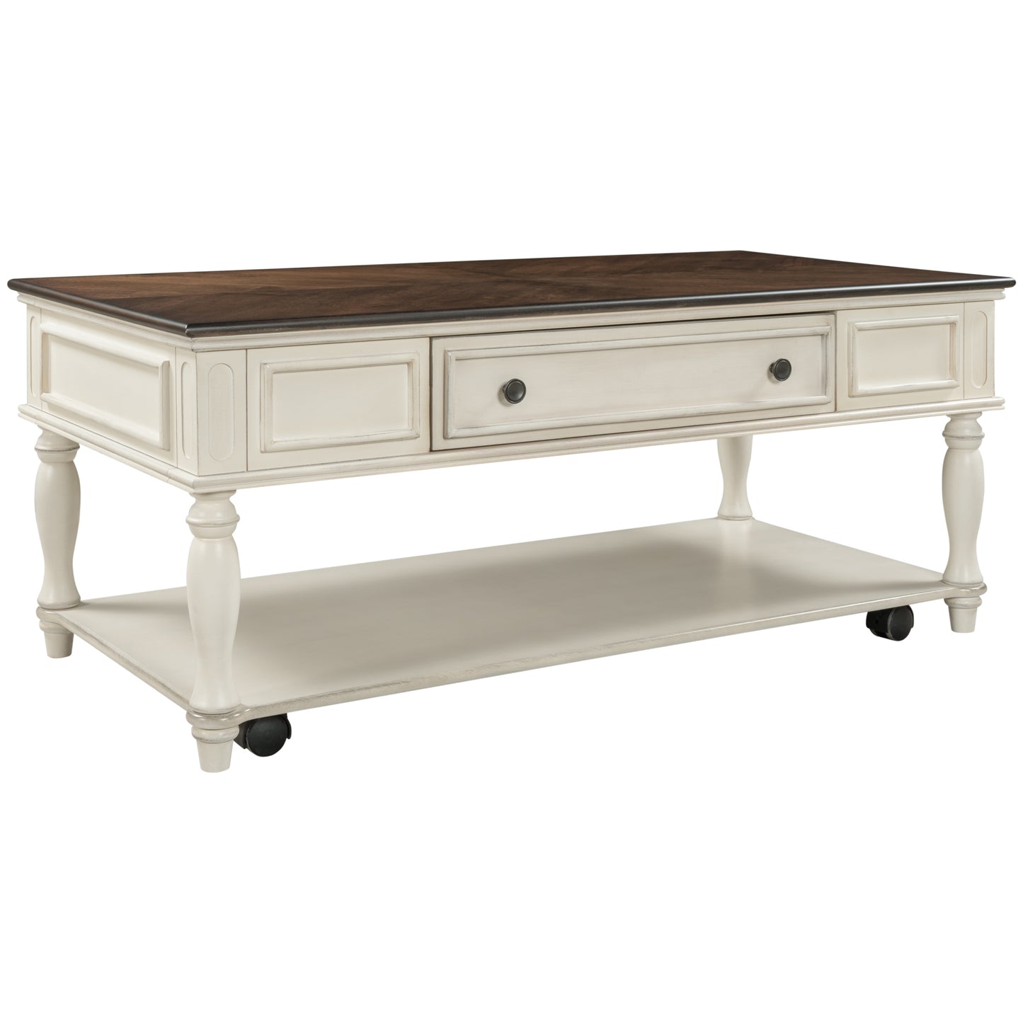 Retro Two-tone Cocktail Table Coffee Table with Caster Wheels | Easy Assembly | Movable | Livingroom Furniture | Antique White Color