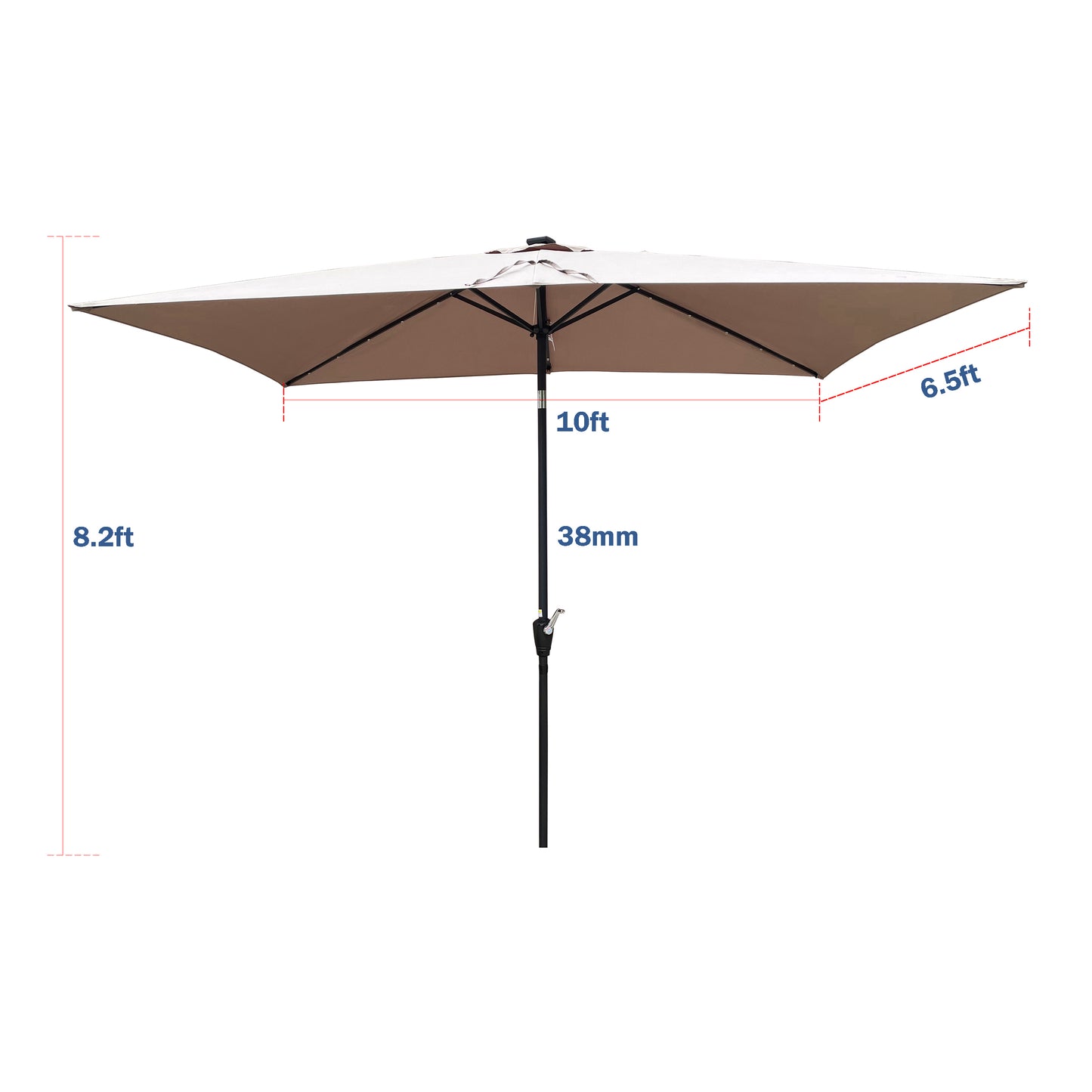 10 x 6.5t Rectangular Patio Solar LED Lighted Outdoor Umbrellas: Crank, Push Button Tilt for Garden, Backyard, Pool.