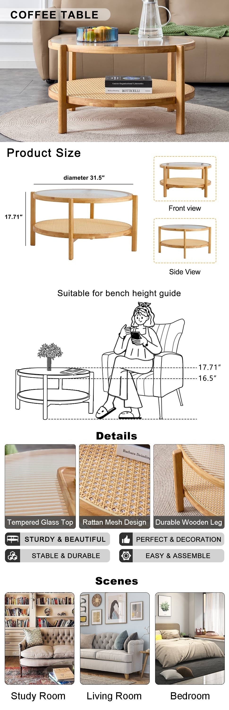 Modern Simple Circular Double-Layer Solid Wood Tea Table: Rattan Woven Side Table for Living, Dining, and Bedroom - Small Round Table (Color & Size Options)