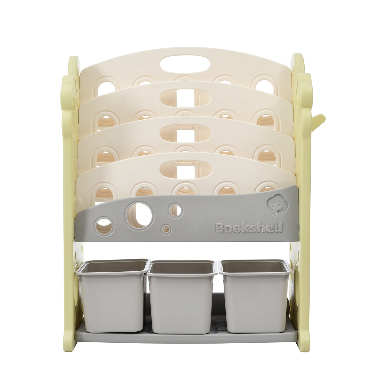 Kids Bookshelf Toy Storage Organizer: 12 Bins, 4 Bookshelves, Multi-functional Nursery Organizer, HDPE Shelf and Bins
