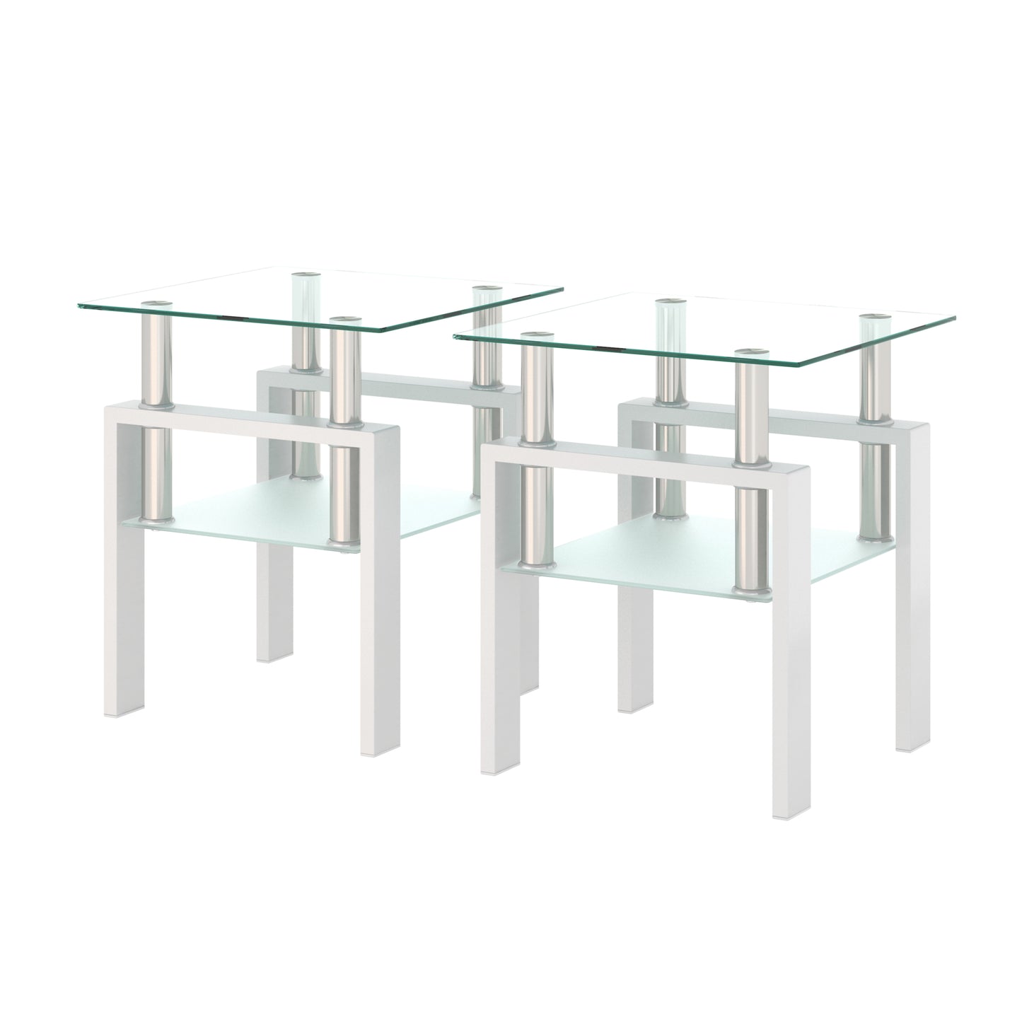 Square Tempered Glass Tea Table Coffee Table End Table Set, Modern and Transparent/White Design for Living Room