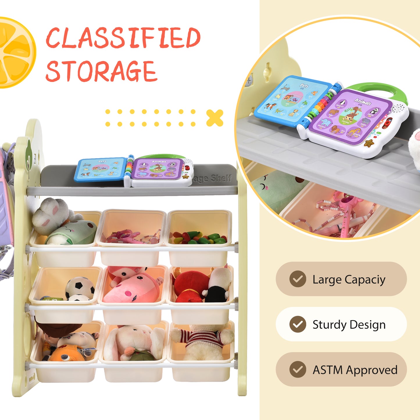 Kids Bookshelf Toy Storage Organizer: 12 Bins, 4 Bookshelves, Multi-functional Nursery Organizer, HDPE Shelf and Bins