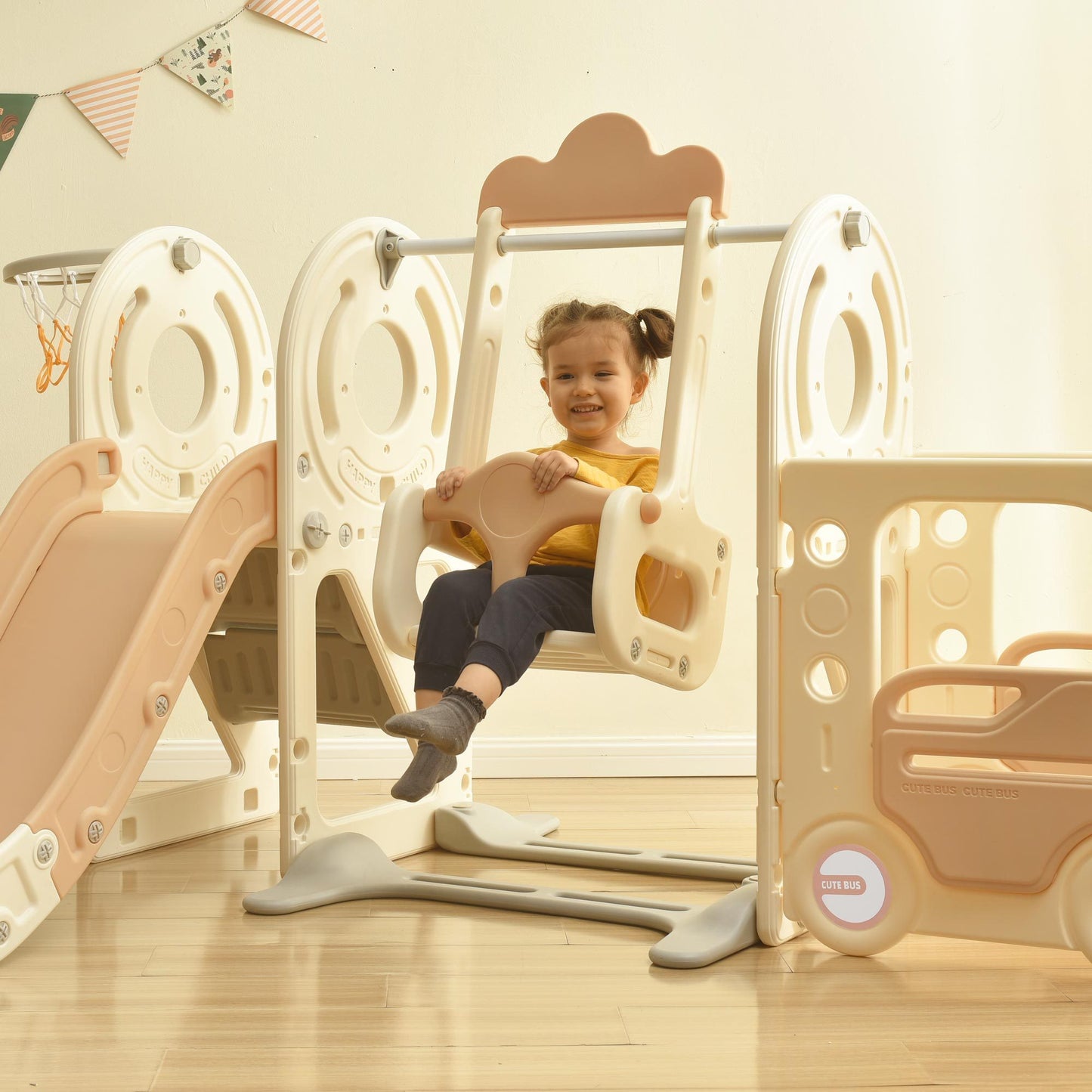 Kids Swing-N-Slide: Freestanding Bus Toy with Slide & Swing for Toddlers | Basketball Hoop | Fun Bus Play Structure
