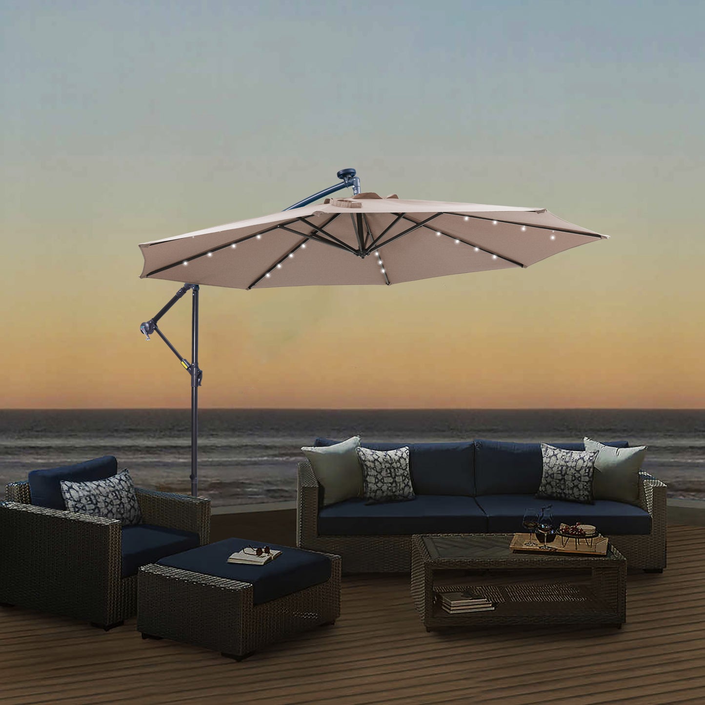 10 FT Solar LED Patio Outdoor Umbrella with 32 LED Lights - Dark Taupe
