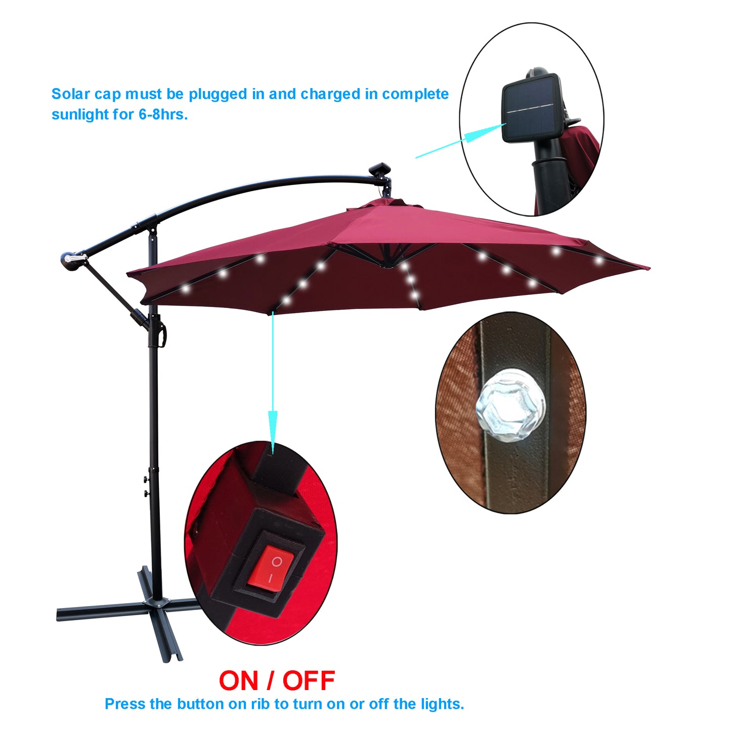 10 ft Outdoor Patio Umbrella Solar Powered LED Lighted Sun Shade Market Waterproof 8 Ribs Umbrella with Crank and Cross Base for Garden Deck Backyard Pool Shade Outside Deck Swimming Pool - Black, 10 ft