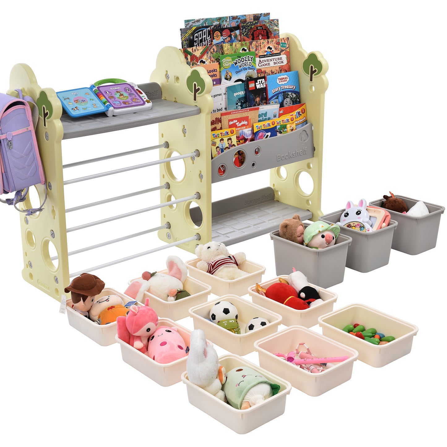 Kids Bookshelf Toy Storage Organizer: 12 Bins, 4 Bookshelves, Multi-functional Nursery Organizer, HDPE Shelf and Bins
