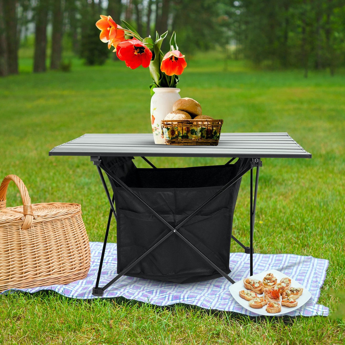 Portable Folding Aluminum Alloy Table with High-Capacity Storage and Carry Bag for Camping, Traveling, Hiking, Fishing, Beach, BBQ - Large, Black