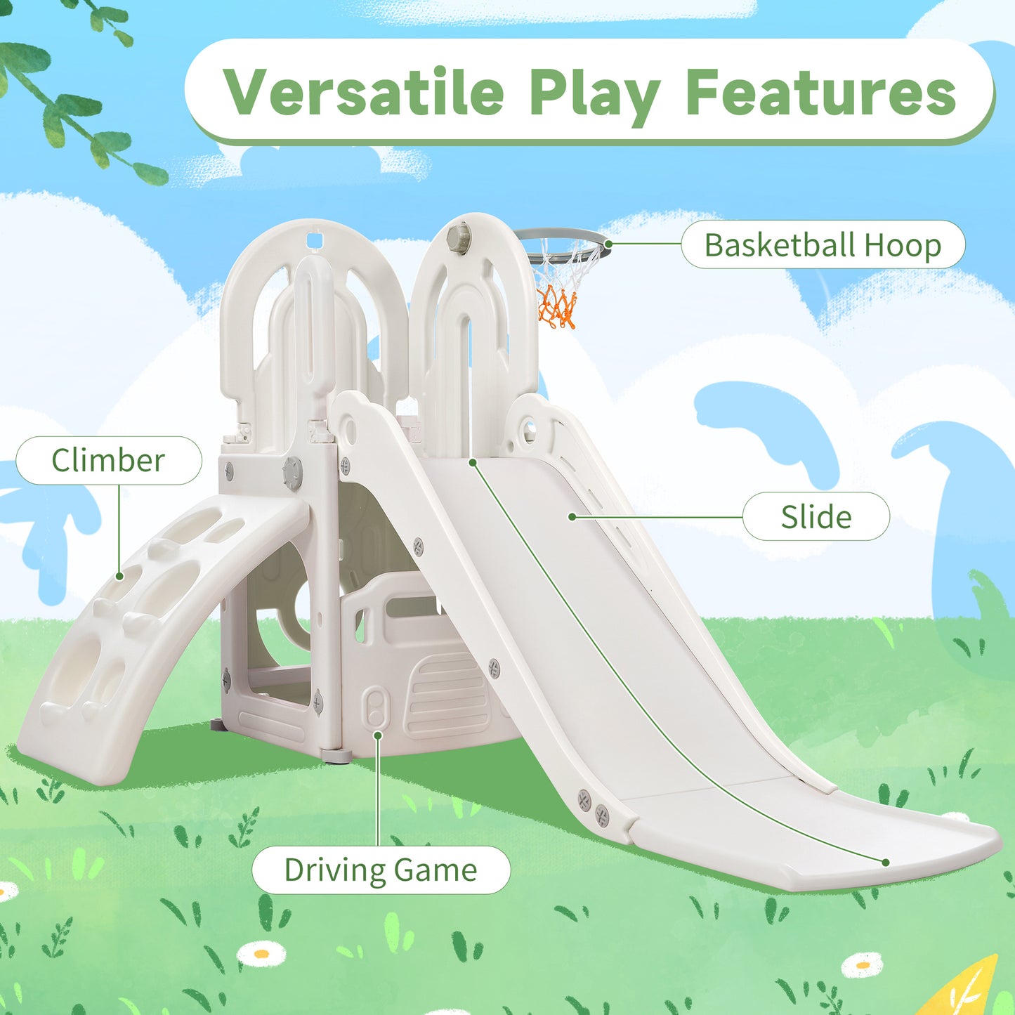 Toddler Climber and Slide Set 4 in 1: Playground Climber Freestanding Slide Playset with Basketball Hoop for Babies, Indoor & Outdoor Use