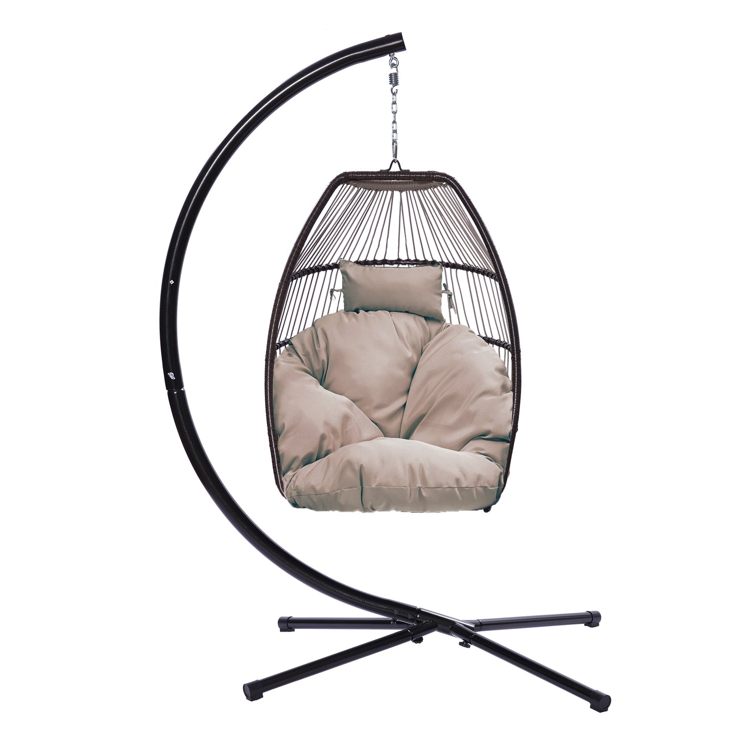 Outdoor Patio Wicker Folding Hanging Chair - Rattan Swing Hammock Egg Chair with C Type Bracket, Cushion & Pillow.