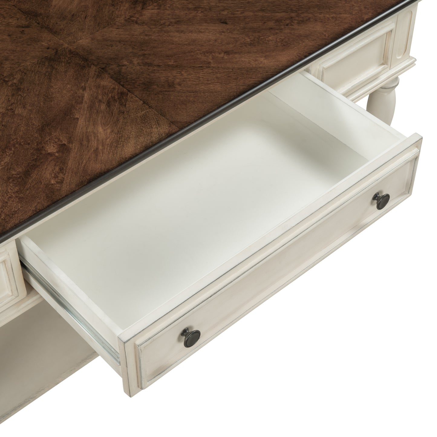 Retro Two-tone Cocktail Table Coffee Table with Caster Wheels | Easy Assembly | Movable | Livingroom Furniture | Antique White Color