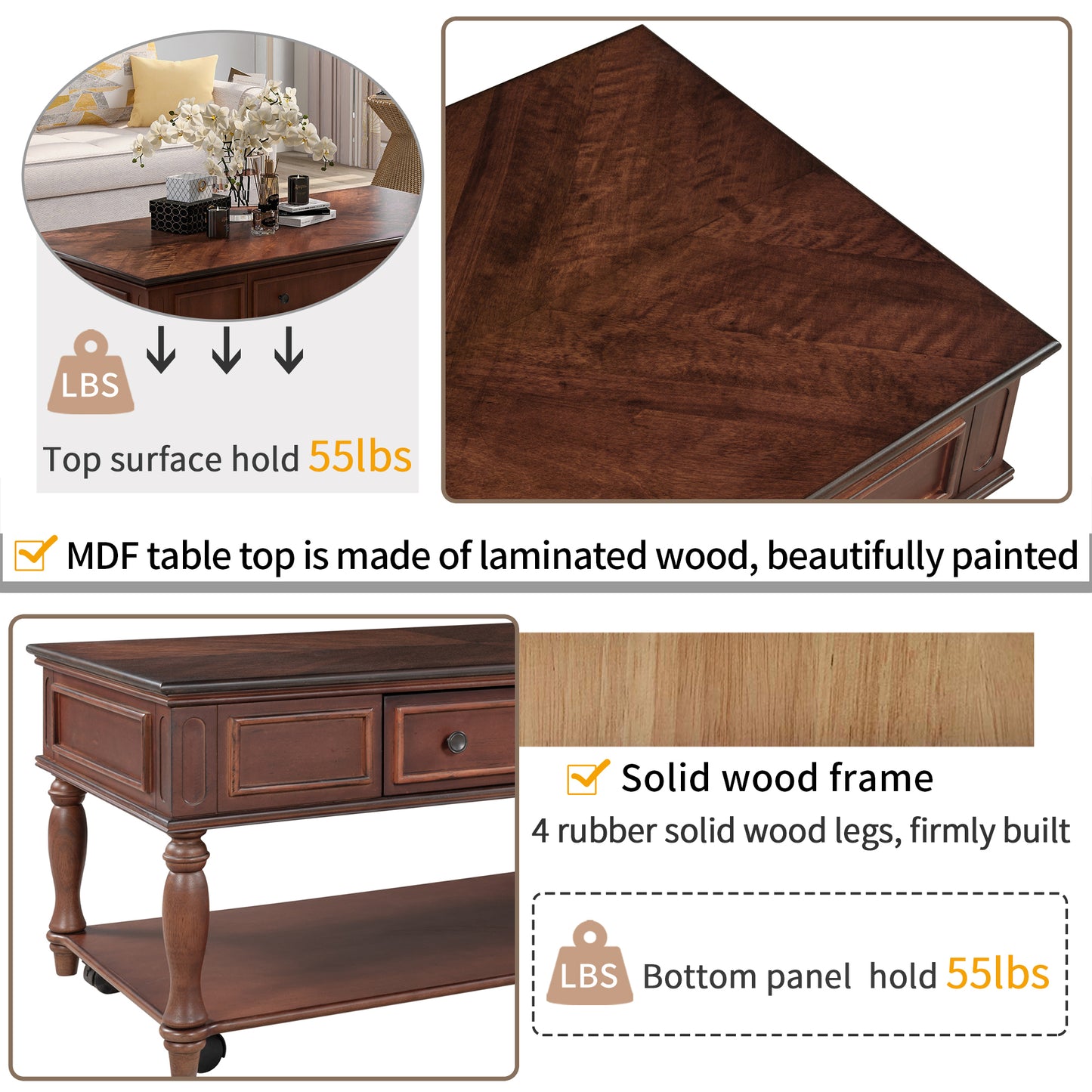Retro Cocktail Table Coffee Table for Livingroom - Easy Assembly, Movable & Stylish with Caster Wheels - Espresso Finish