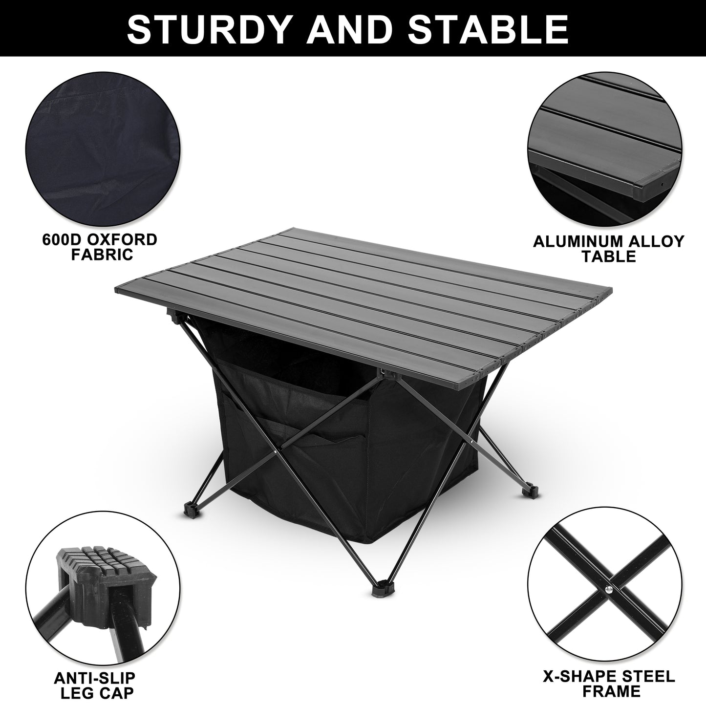 Portable Folding Aluminum Alloy Table with High-Capacity Storage and Carry Bag for Camping, Traveling, Hiking, Fishing, Beach, BBQ - Large, Black