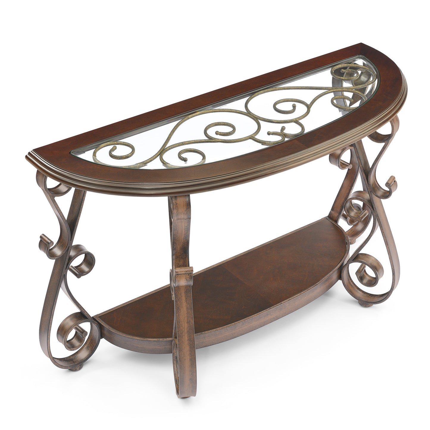 Console Table with Glass Table Top, Powder Coat Finish Metal Legs, Dark Brown - 25.5"X25.5"X23.5"