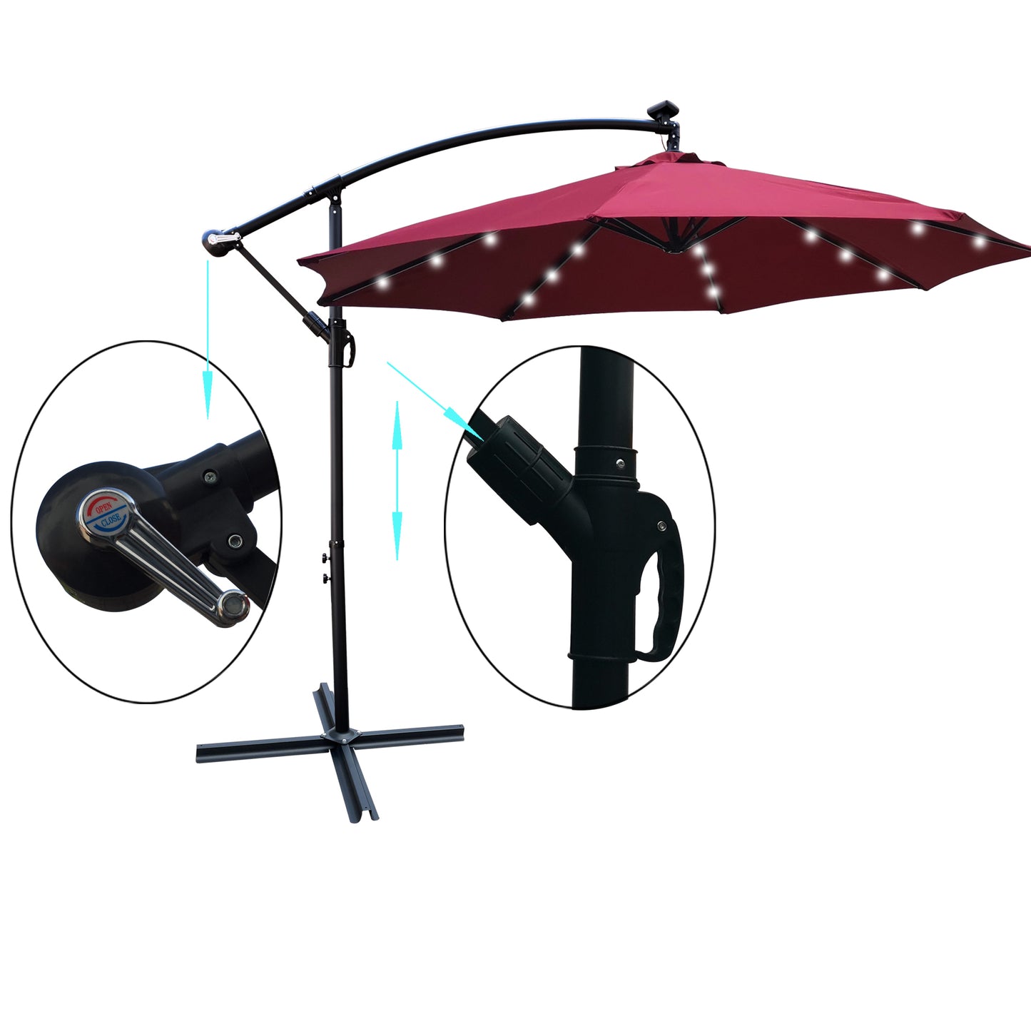 10 ft Outdoor Patio Umbrella Solar Powered LED Lighted Sun Shade Market Waterproof 8 Ribs Umbrella with Crank and Cross Base for Garden Deck Backyard Pool Shade Outside Deck Swimming Pool - Black, 10 ft