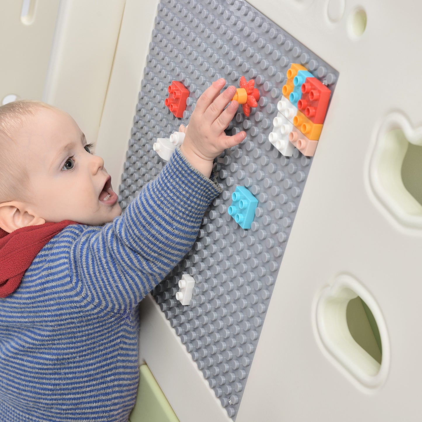 5-in-1 Toddler Climber Basketball Hoop Set - Kids Playground Climber Playset with Tunnel, Climber, Whiteboard, and Toy Building Block Baseplates - Combination for Babies - White