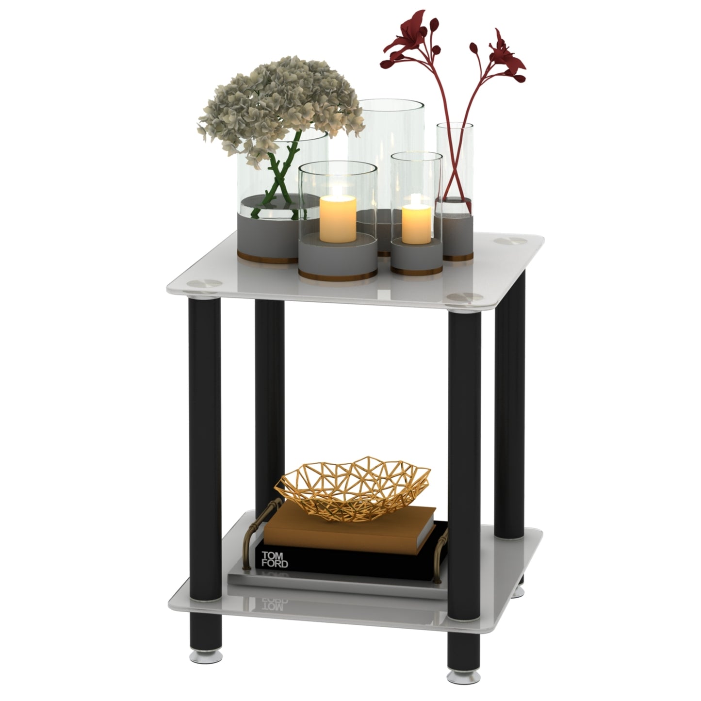 1-Piece White+Black Side Table, 2-Tier Space End Table, Modern Night Stand, Sofa Table with Storage Shelf - Stylish and Functional Furniture for Living Room, Bedroom, or Office