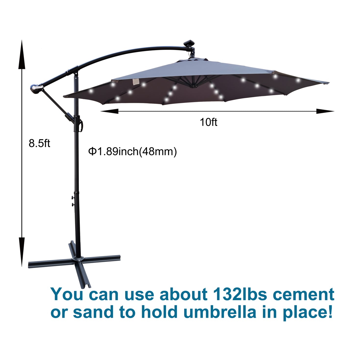 10 ft Outdoor Patio Umbrella with Solar Powered LED Lights, Waterproof, 8 Ribs, Crank and Cross Base for Garden, Deck, Backyard, Pool Shade - Black