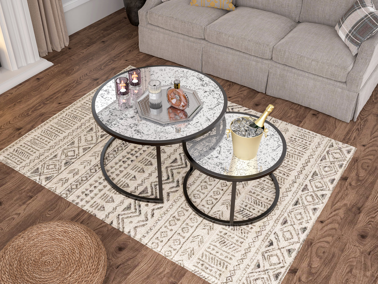 Round Coffee Table Set of 2 Metal Frame & Glass Top End Tables for Living Room Bedroom, Nesting Tables - Stylish & Functional Furniture