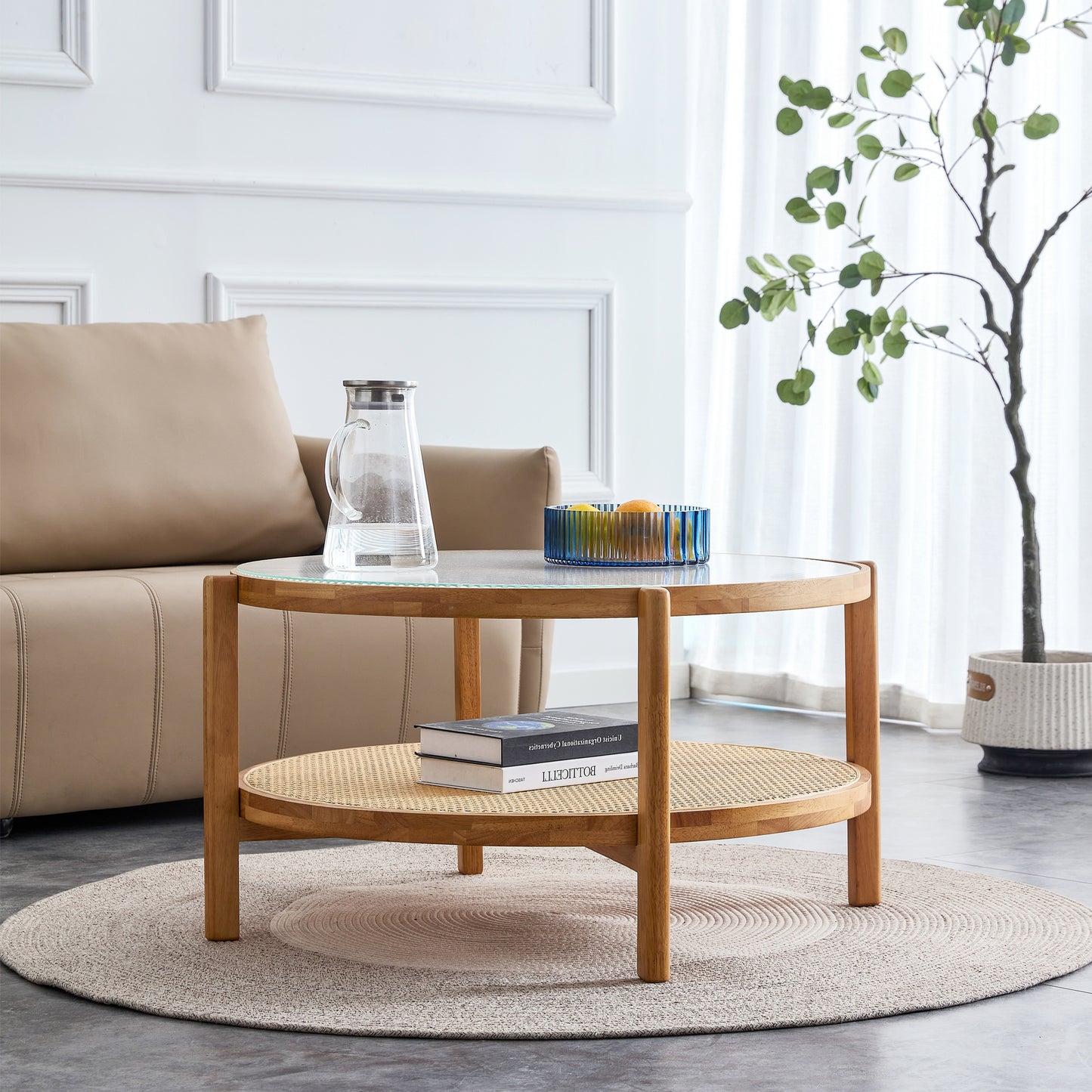 Modern Simple Circular Double-Layer Solid Wood Tea Table: Rattan Woven Side Table for Living, Dining, and Bedroom - Small Round Table (Color & Size Options)