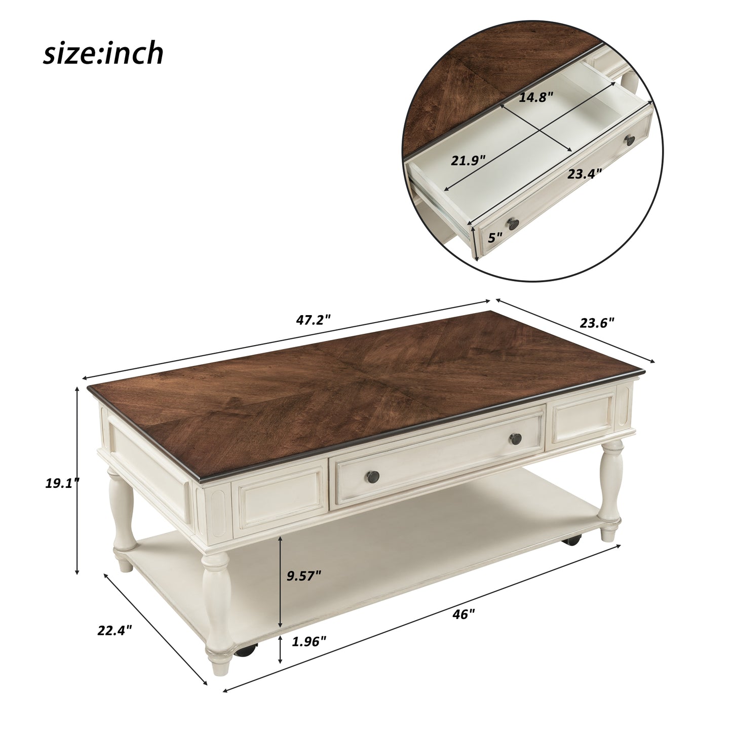 Retro Two-tone Cocktail Table Coffee Table with Caster Wheels | Easy Assembly | Movable | Livingroom Furniture | Antique White Color