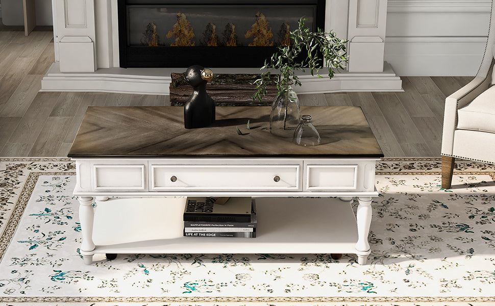 ON-TREND Two-tone Retro Cocktail Table: Easy Assembly, Movable with Caster Wheels for Livingroom (Antique Gray)