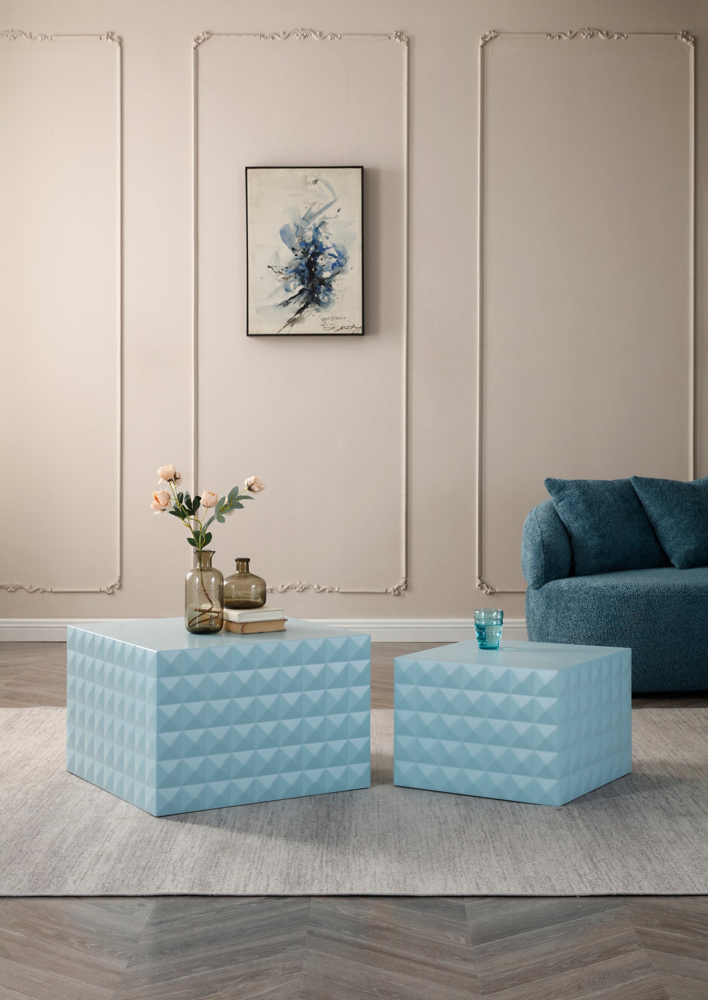 MDF Square Nesting Table Set of 2, Blue, No Assembly Needed