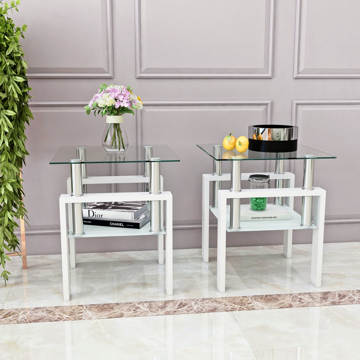 Square Tempered Glass Tea Table Coffee Table End Table Set, Modern and Transparent/White Design for Living Room