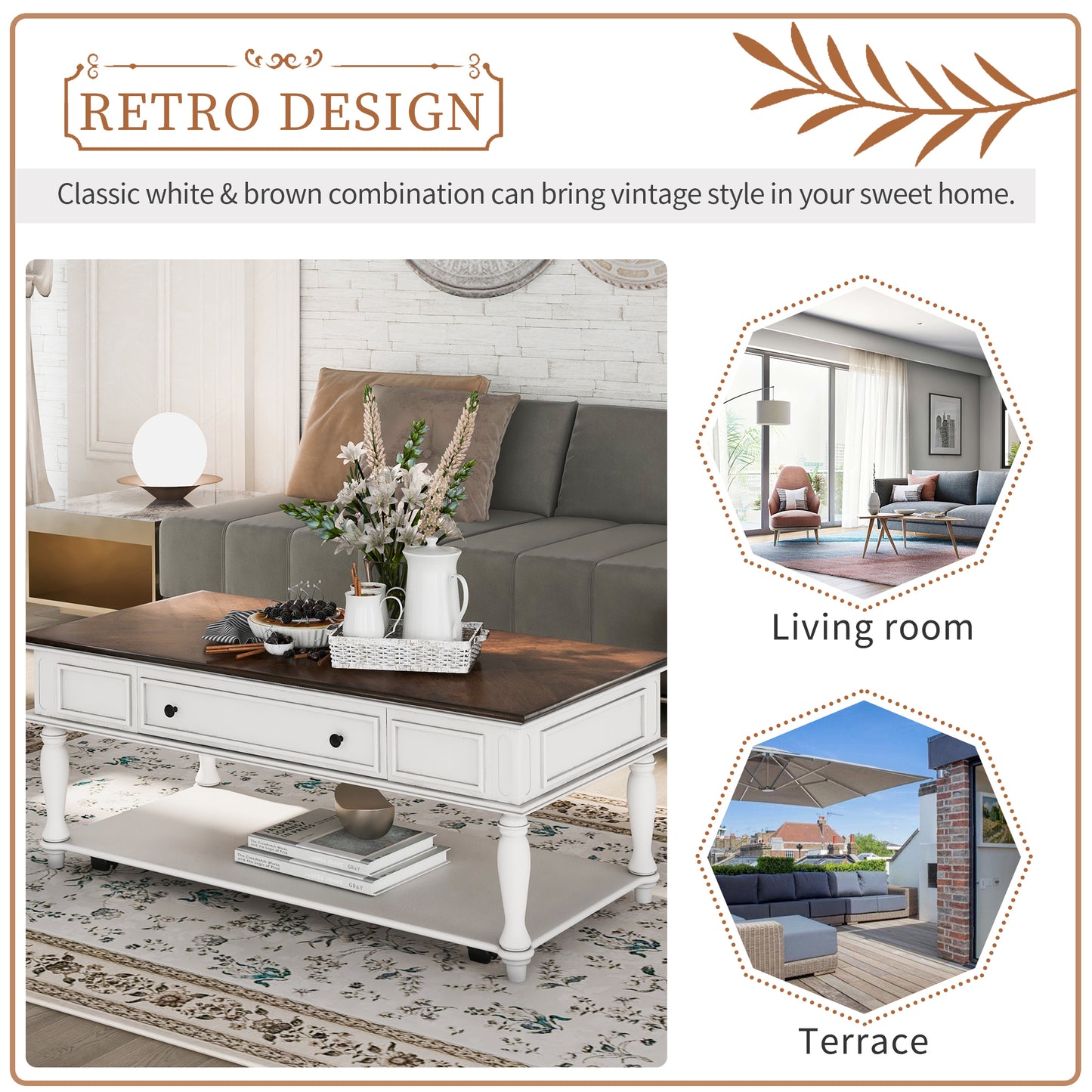 Retro Two-tone Cocktail Table Coffee Table with Caster Wheels | Easy Assembly | Movable | Livingroom Furniture | Antique White Color